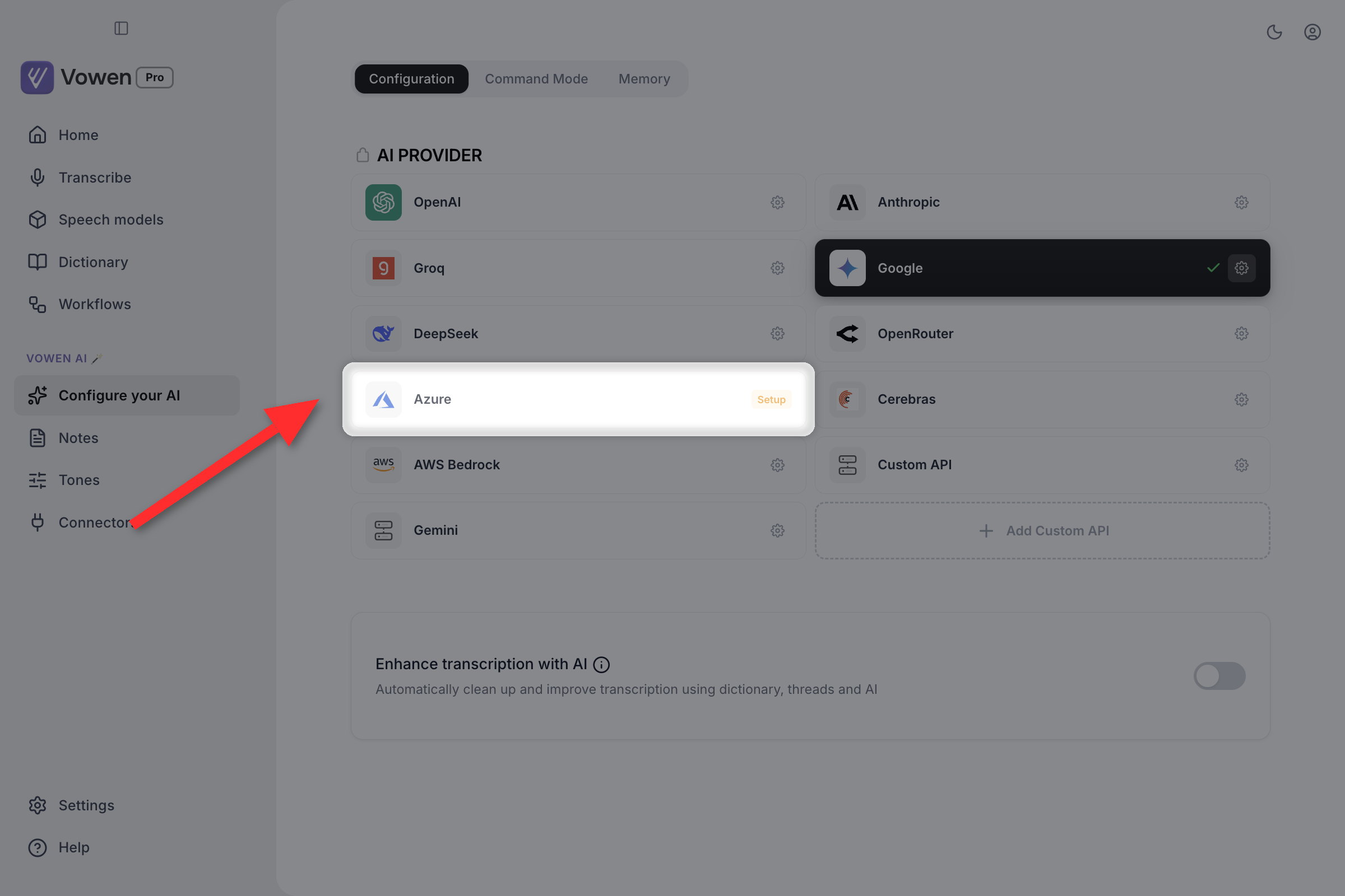 The Configure your AI provider grid with an unconnected provider card highlighted, showing an amber Setup badge on its right edge