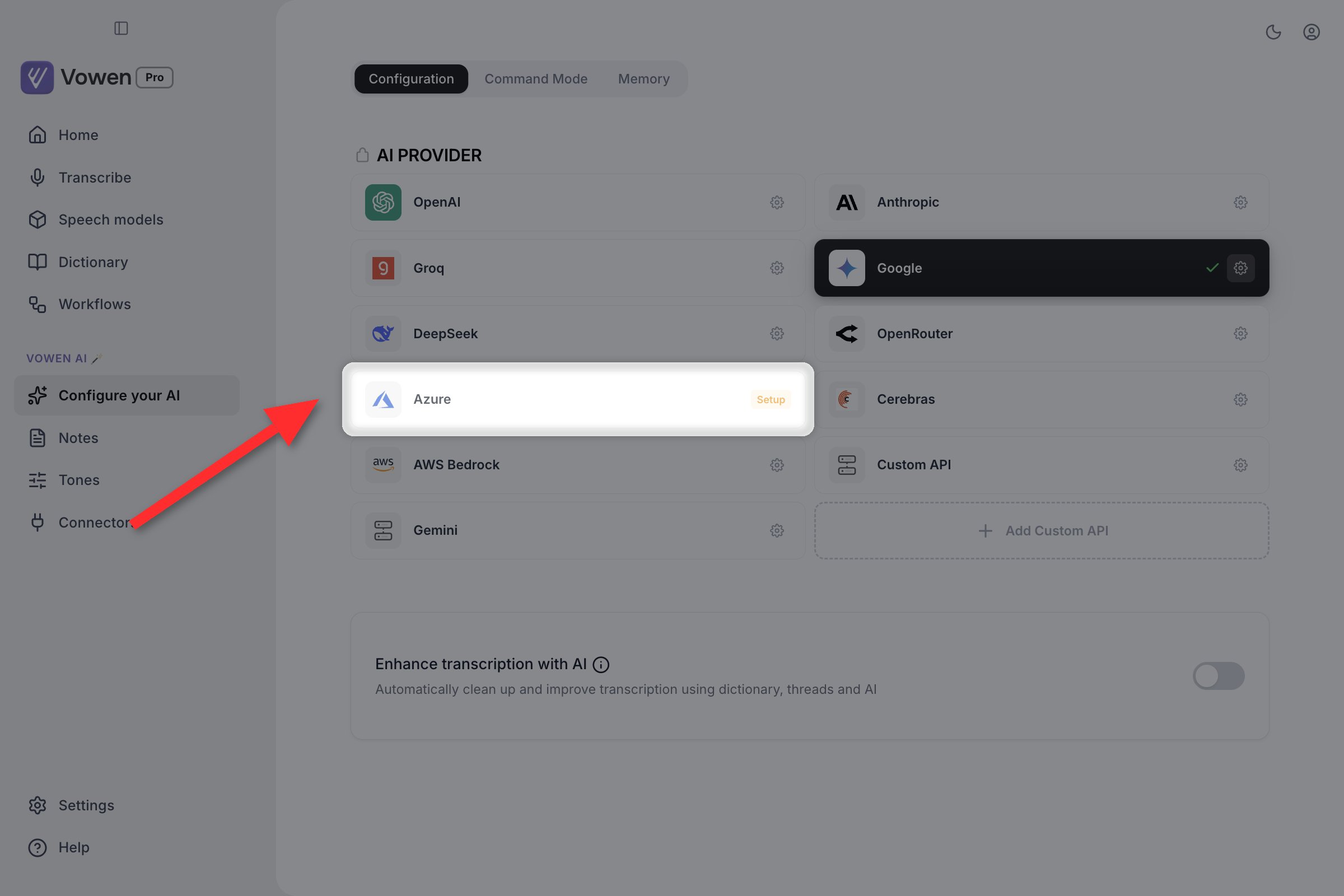 The Configure your AI provider grid with an unconnected provider card highlighted, showing an amber Setup badge on its right edge