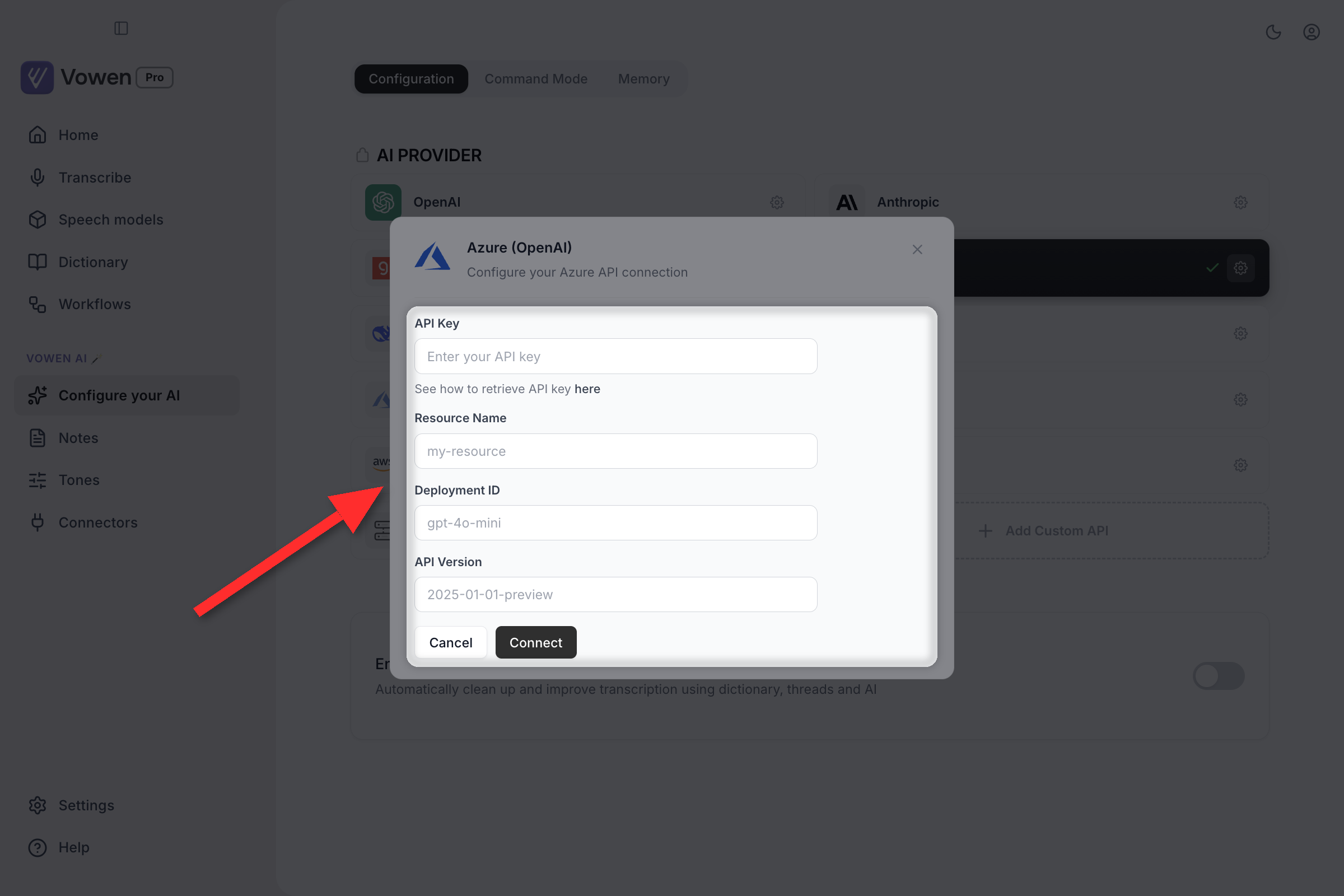 The Configure your AI page with the Azure provider panel open, showing API Key, Resource Name, Deployment ID and API Version fields