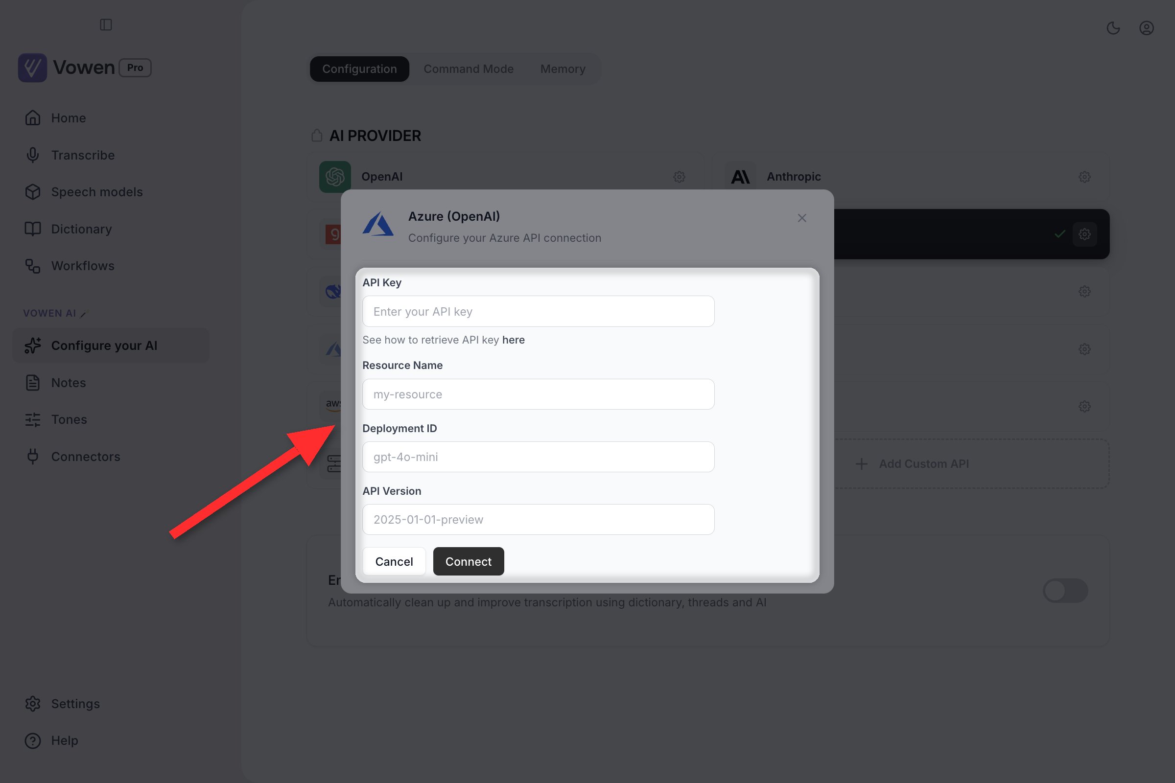 The Configure your AI page with the Azure provider panel open, showing API Key, Resource Name, Deployment ID and API Version fields