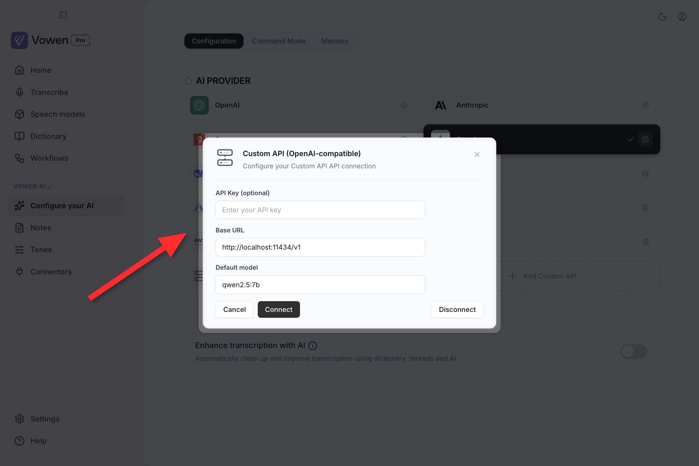 The Custom API panel with an optional API key field, a Base URL of http://localhost:11434/v1 and a model name