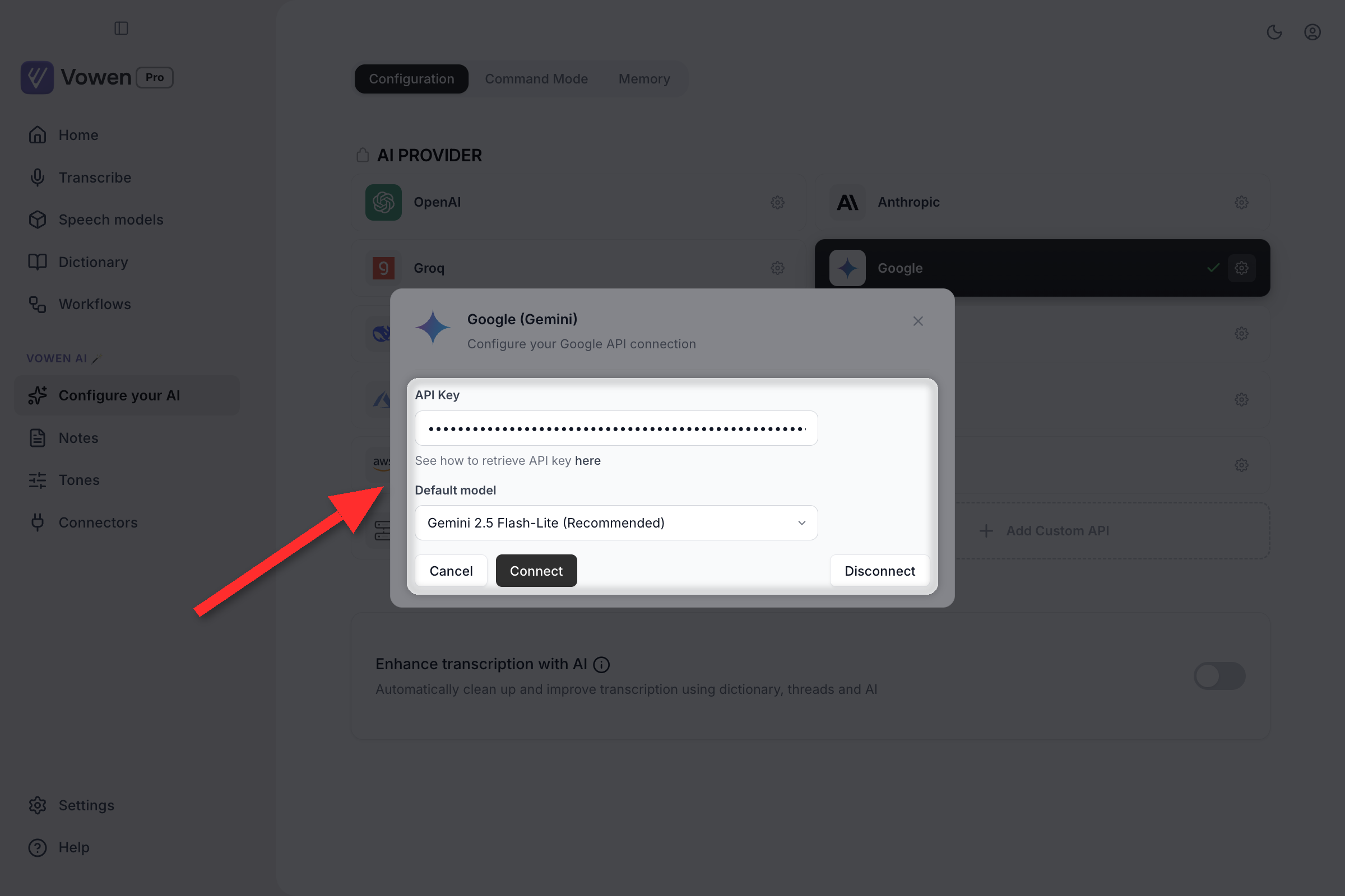 The Configure your AI page with a connected provider's panel open, showing its API key field and a Disconnect button at the bottom right