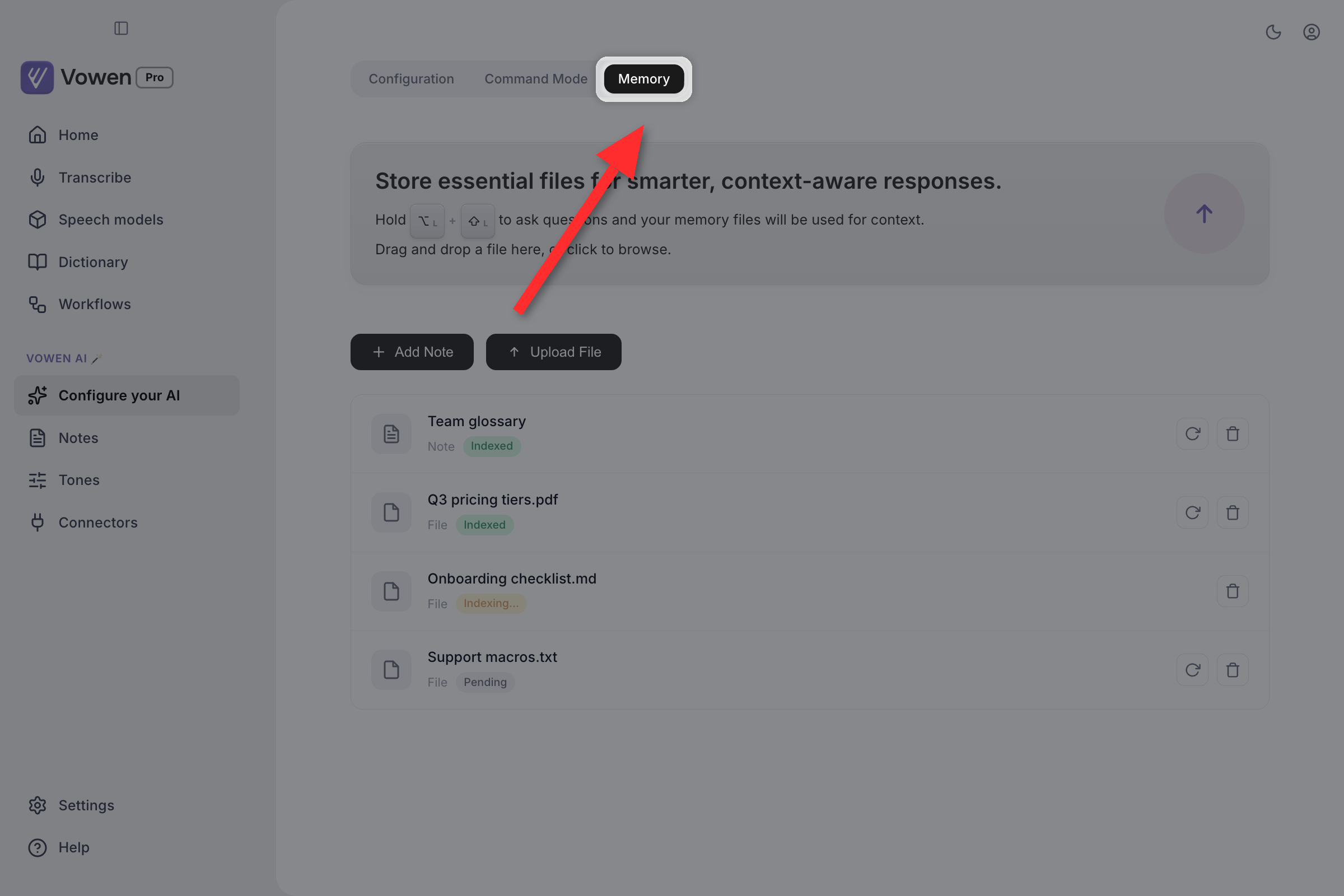 The Memory tab of Configure your AI, highlighted in the tab row, showing an empty state with Add Note and Upload File buttons