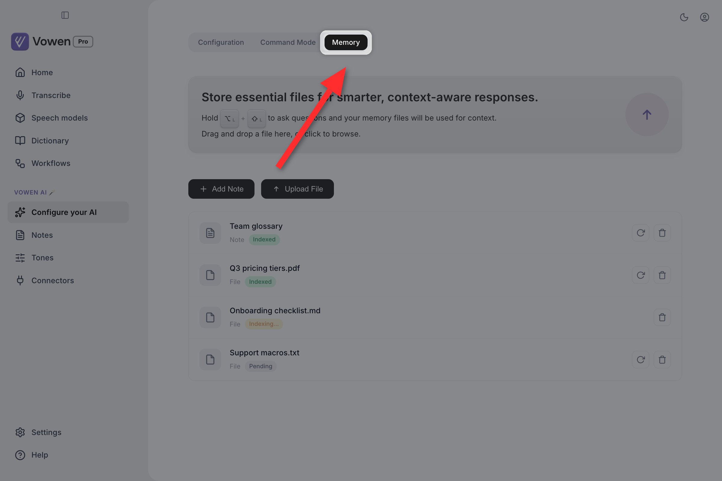 The Memory tab of Configure your AI, highlighted in the tab row, showing an empty state with Add Note and Upload File buttons