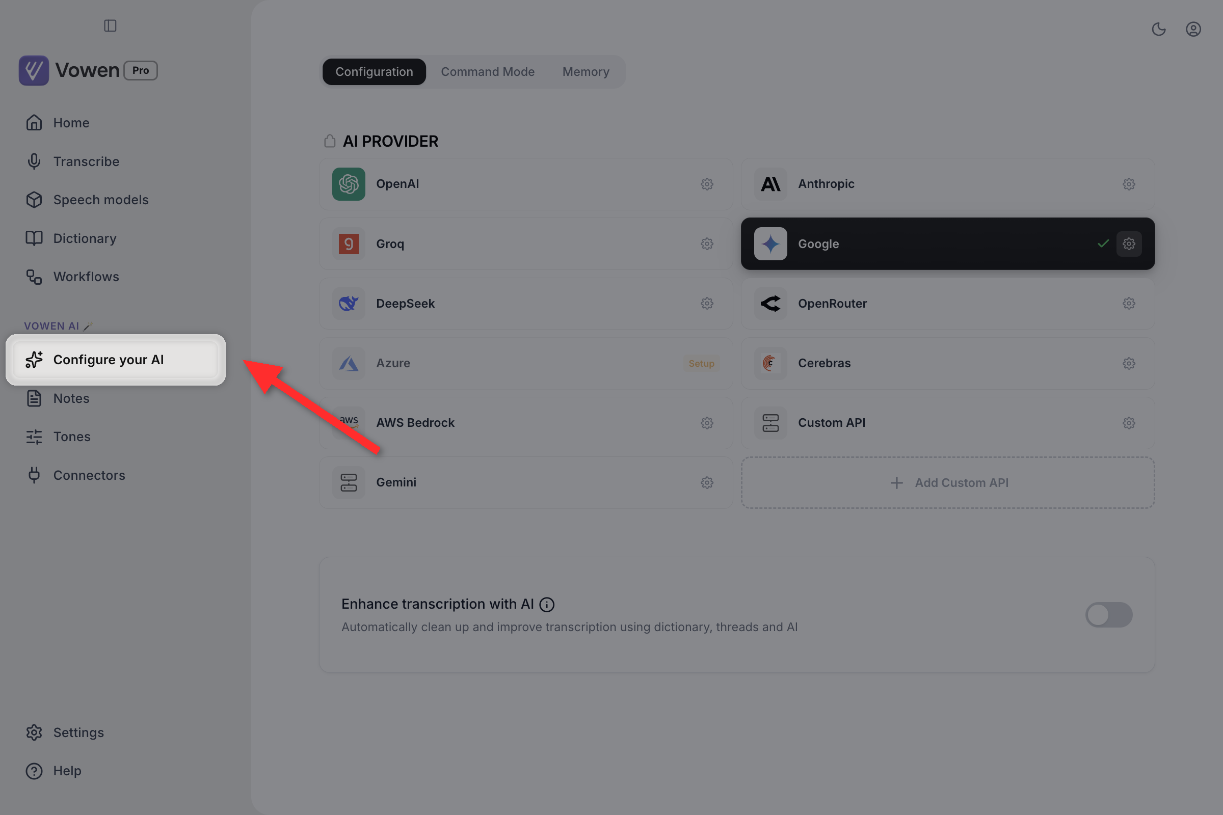 The Vowen window with the Configure your AI sidebar entry highlighted, and the Configuration tab open showing the AI provider grid and the Enhance transcription with AI toggle