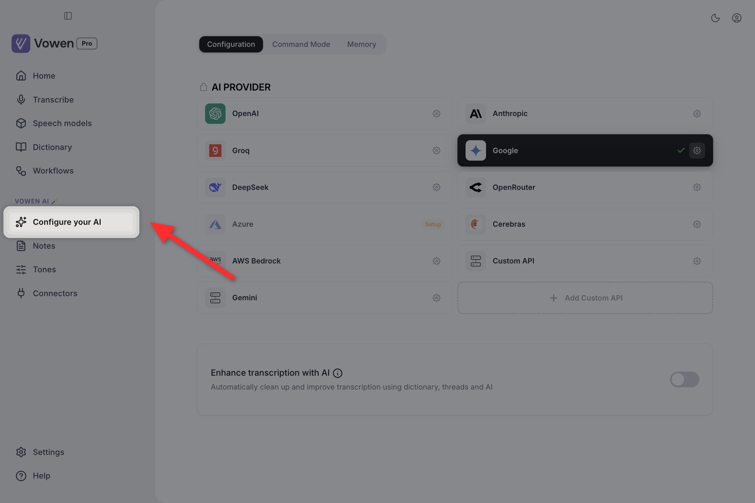 The Vowen window with the Configure your AI sidebar entry highlighted, and the Configuration tab open showing the AI provider grid and the Enhance transcription with AI toggle
