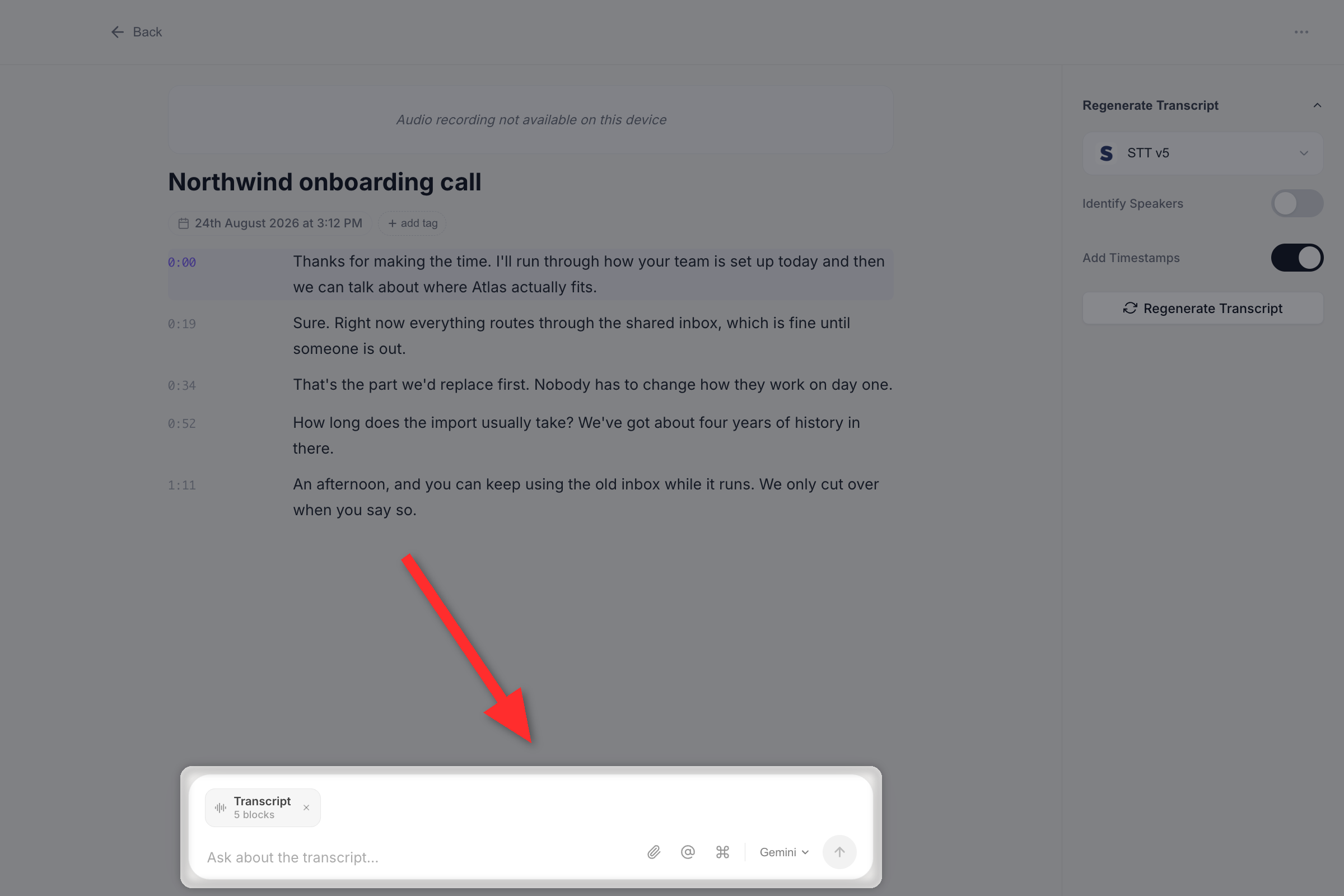 A transcription detail page with the Ask AI composer docked at the bottom, showing a Transcript context chip and the placeholder Ask about the transcript