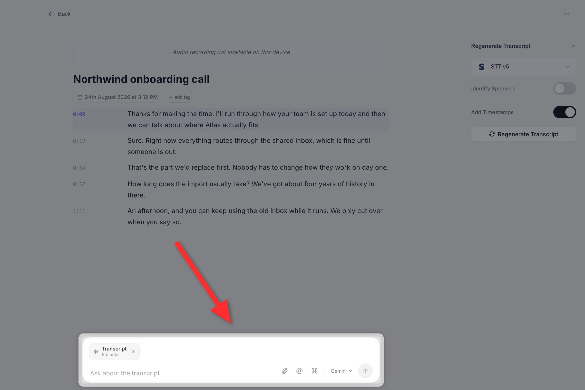 A transcription detail page with the Ask AI composer docked at the bottom, showing a Transcript context chip and the placeholder Ask about the transcript