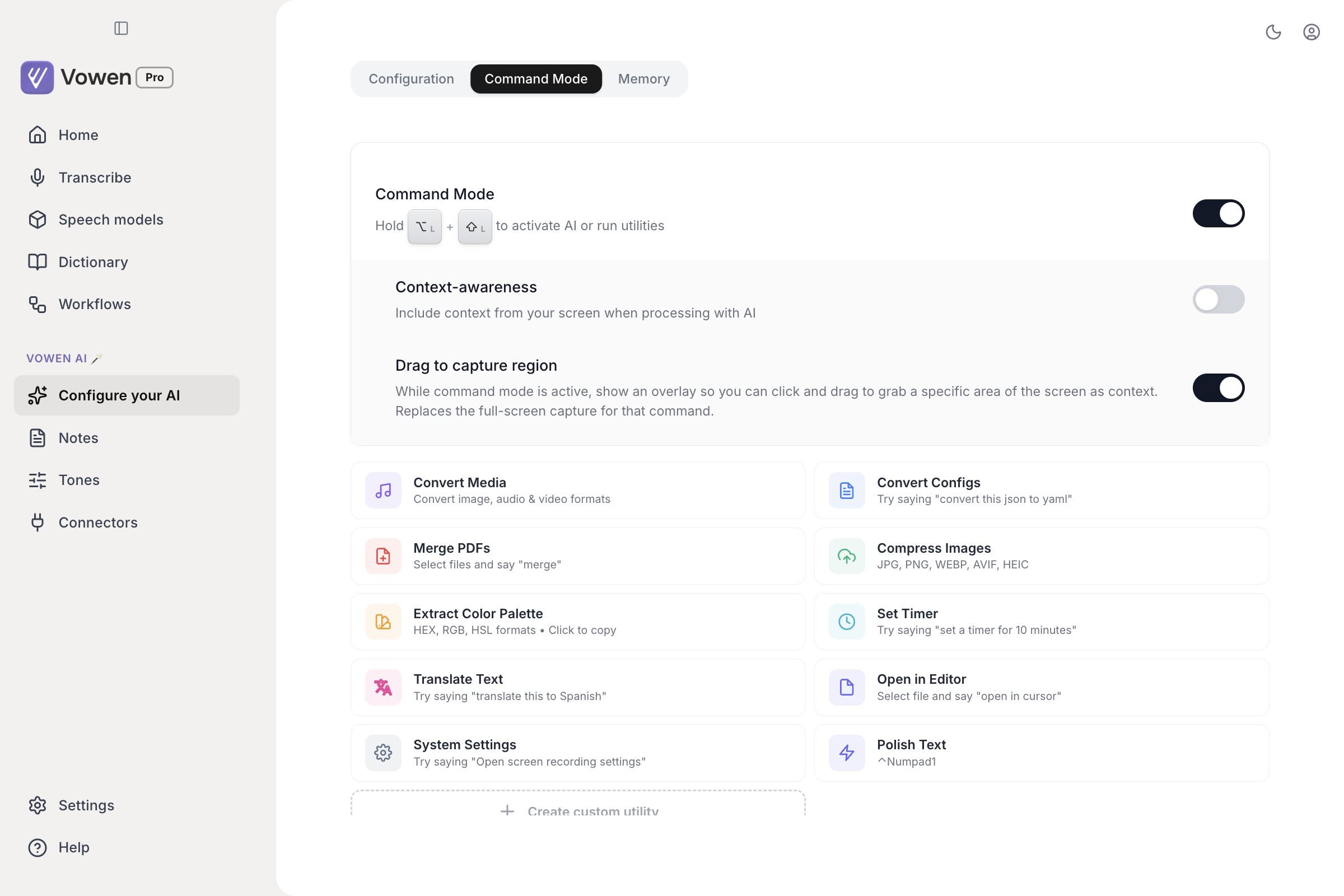 The Command Mode tab of Configure your AI, showing the Command Mode toggle, the Context-awareness and Drag to capture region rows, and a grid of utility cards such as Convert Media, Merge PDFs and Set Timer