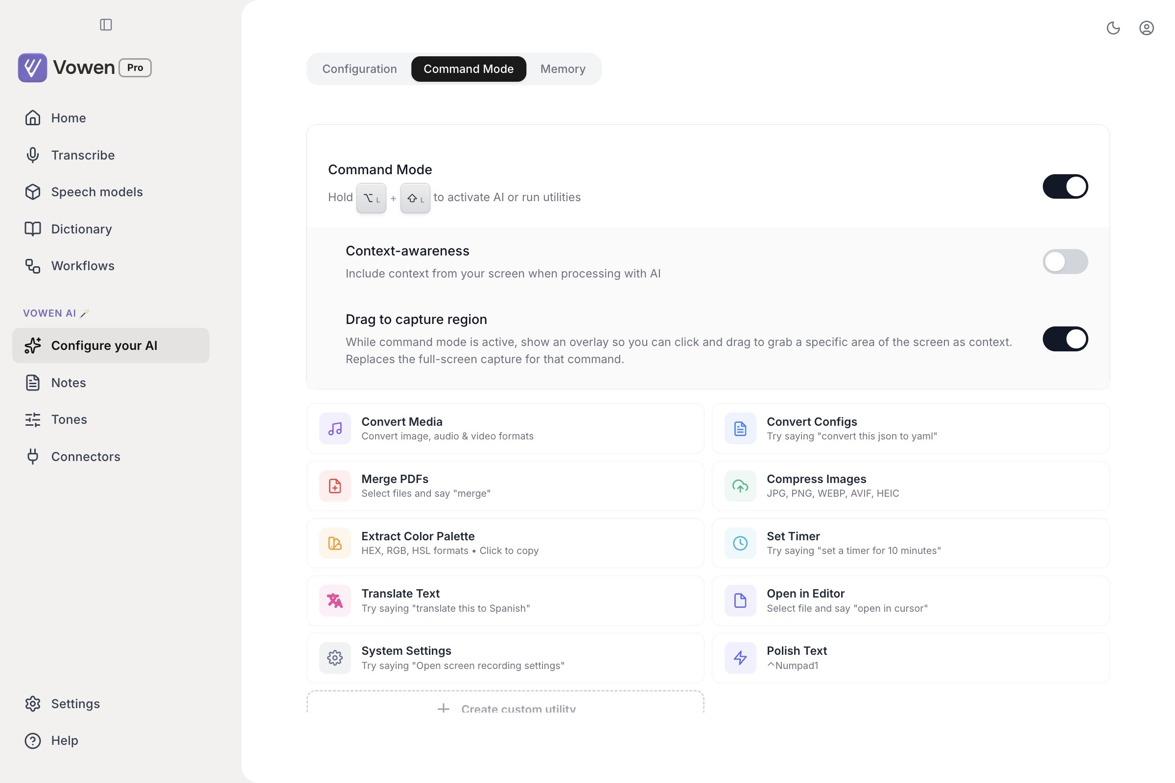 The Command Mode tab of Configure your AI, showing the Command Mode toggle, the Context-awareness and Drag to capture region rows, and a grid of utility cards such as Convert Media, Merge PDFs and Set Timer