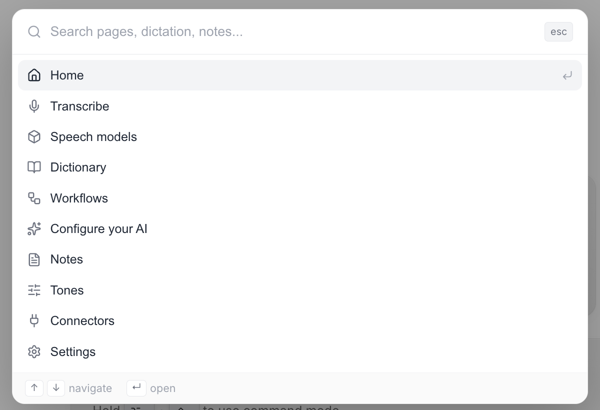The Vowen command palette open with an empty search box, listing Home, Transcribe, Speech models, Dictionary, Workflows, Configure your AI, Notes, Tones, Connectors and Settings