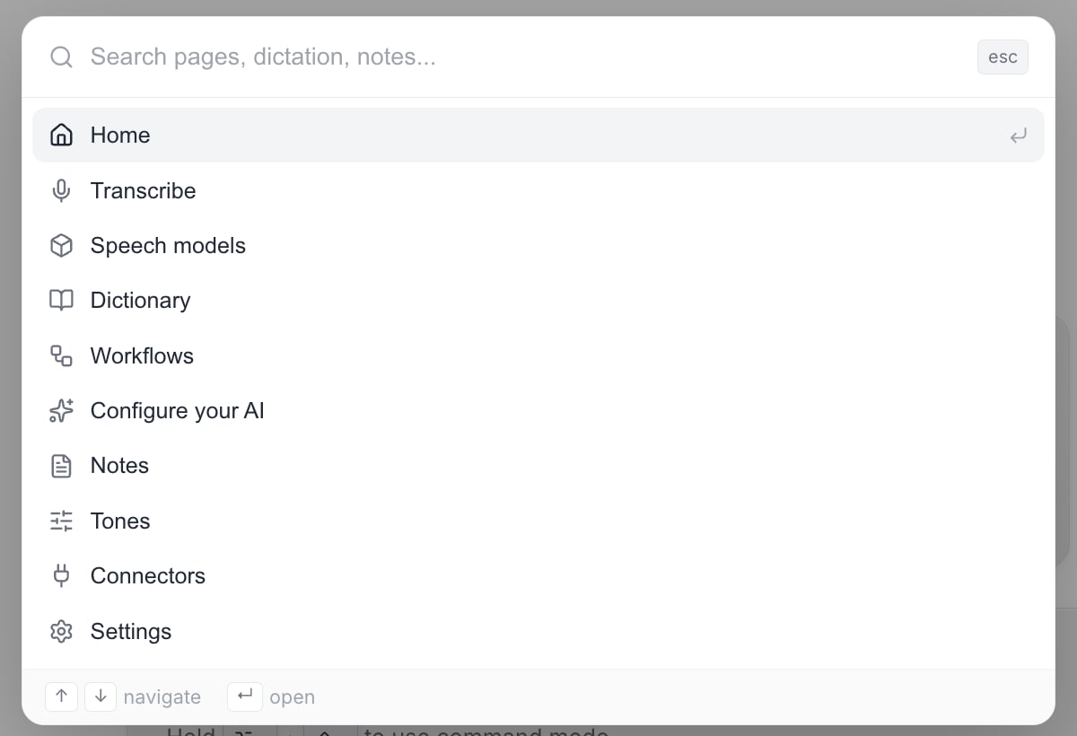 The Vowen command palette open with an empty search box, listing Home, Transcribe, Speech models, Dictionary, Workflows, Configure your AI, Notes, Tones, Connectors and Settings