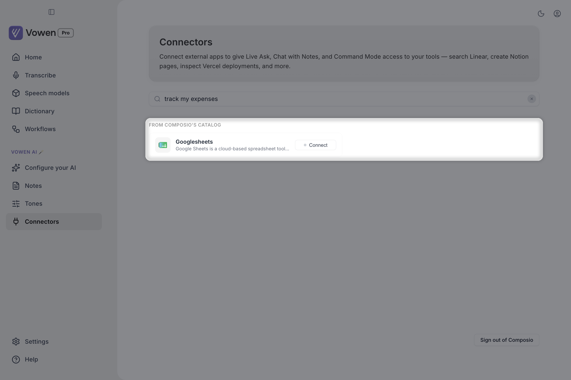 The Connectors search box containing the phrase track my expenses, with a highlighted From Composio's catalog section below it offering a Googlesheets result with a Connect button