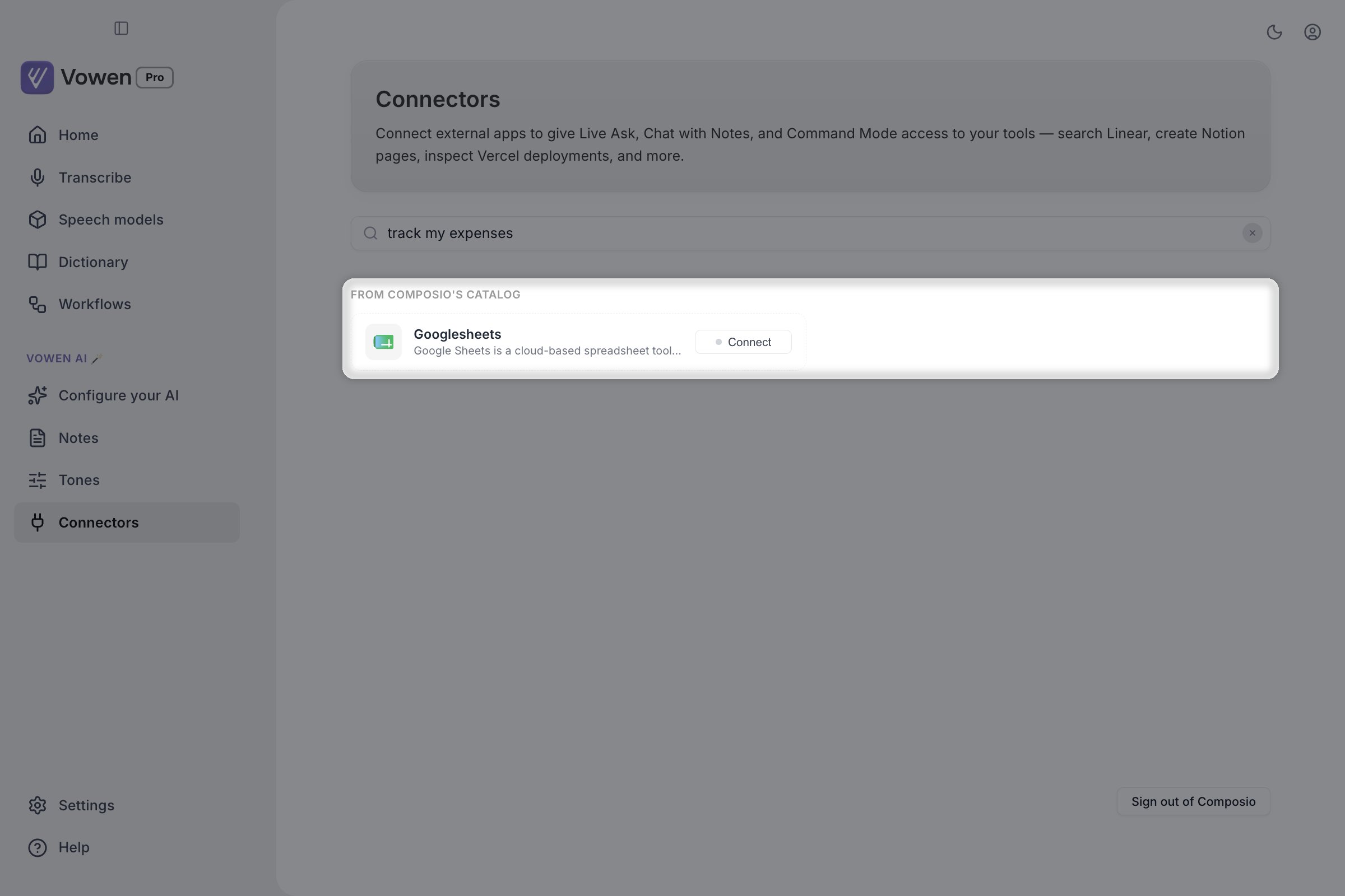 The Connectors search box containing the phrase track my expenses, with a highlighted From Composio's catalog section below it offering a Googlesheets result with a Connect button