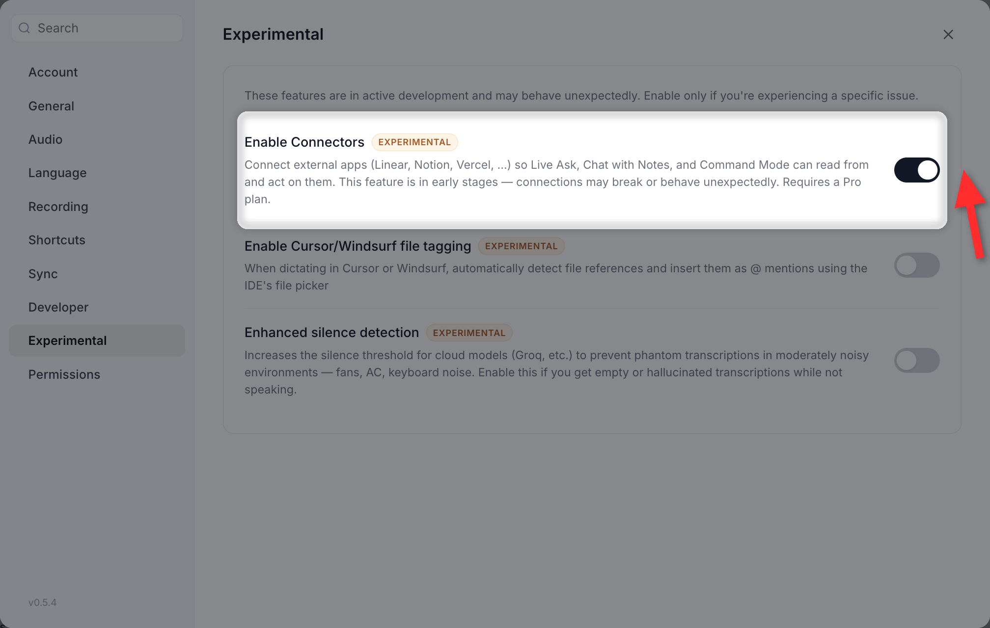 The Experimental page of the Settings window, with the Enable Connectors row highlighted and its toggle switched on