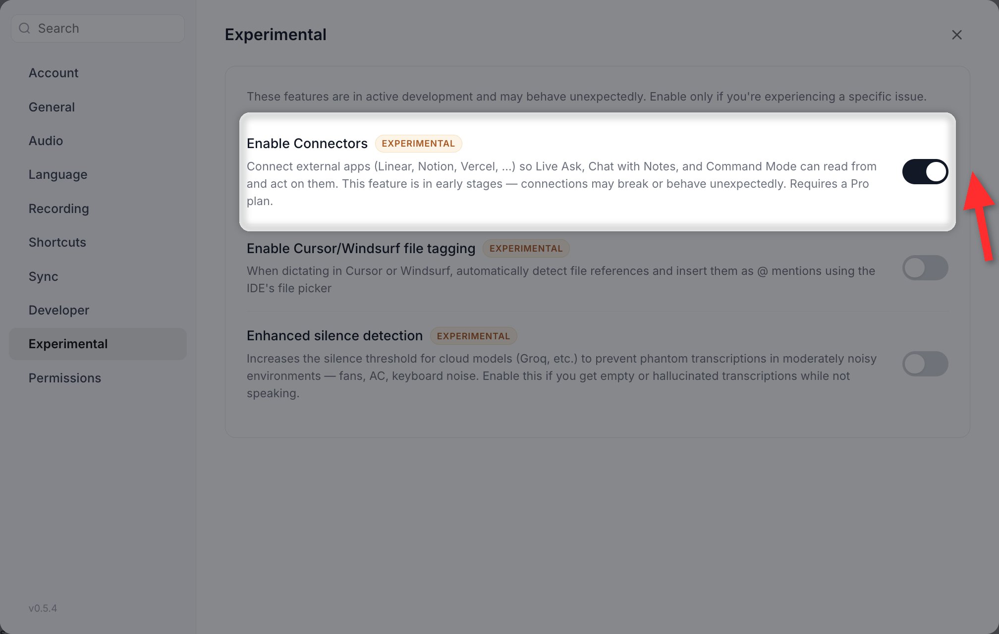 The Experimental page of the Settings window, with the Enable Connectors row highlighted and its toggle switched on