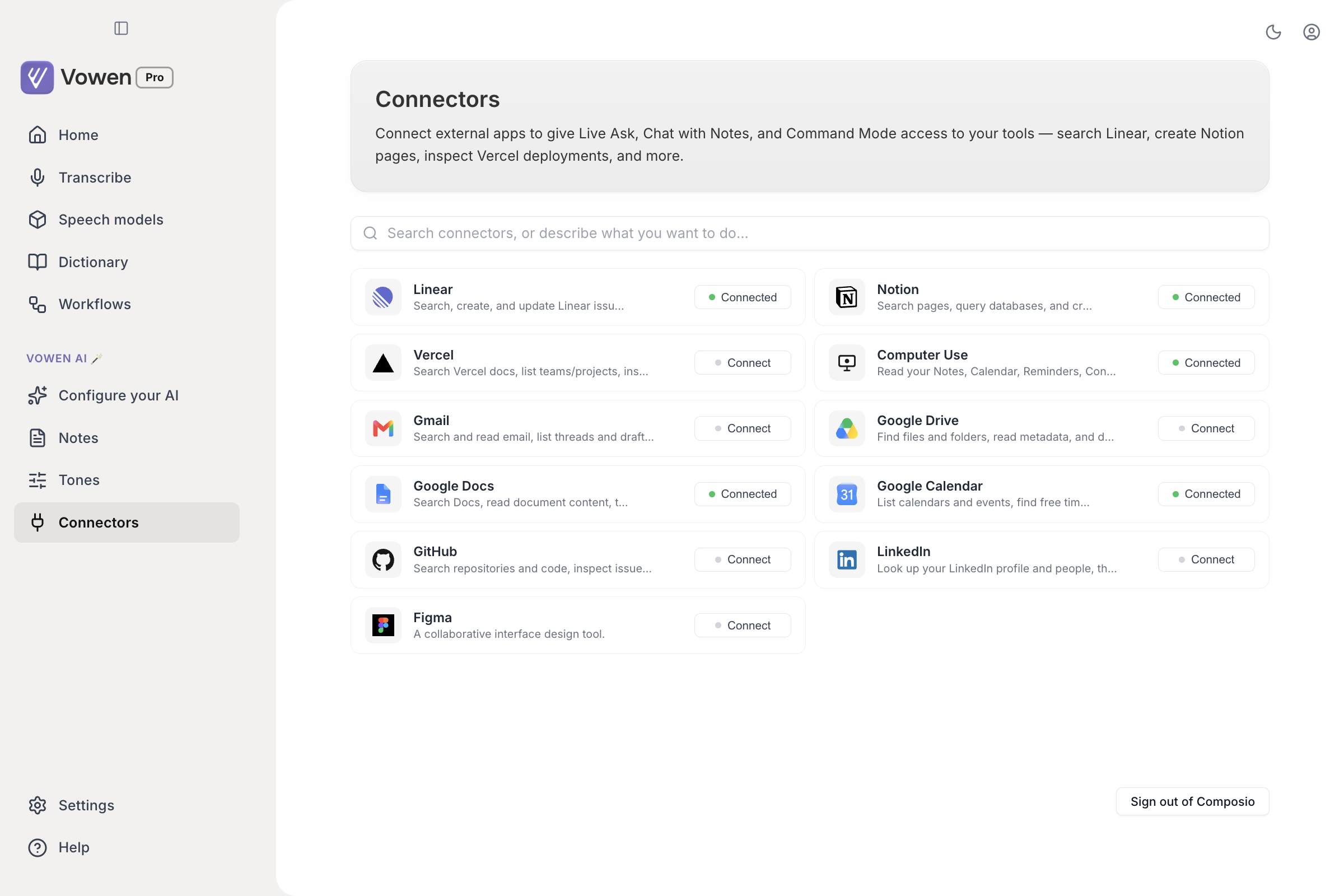 The Connectors page showing cards for Linear, Notion, Vercel, Computer Use, Gmail, Google Drive, Google Docs, Google Calendar, GitHub, LinkedIn and Figma, each with a Connected or Connect chip, and a Sign out of Composio button in the bottom corner