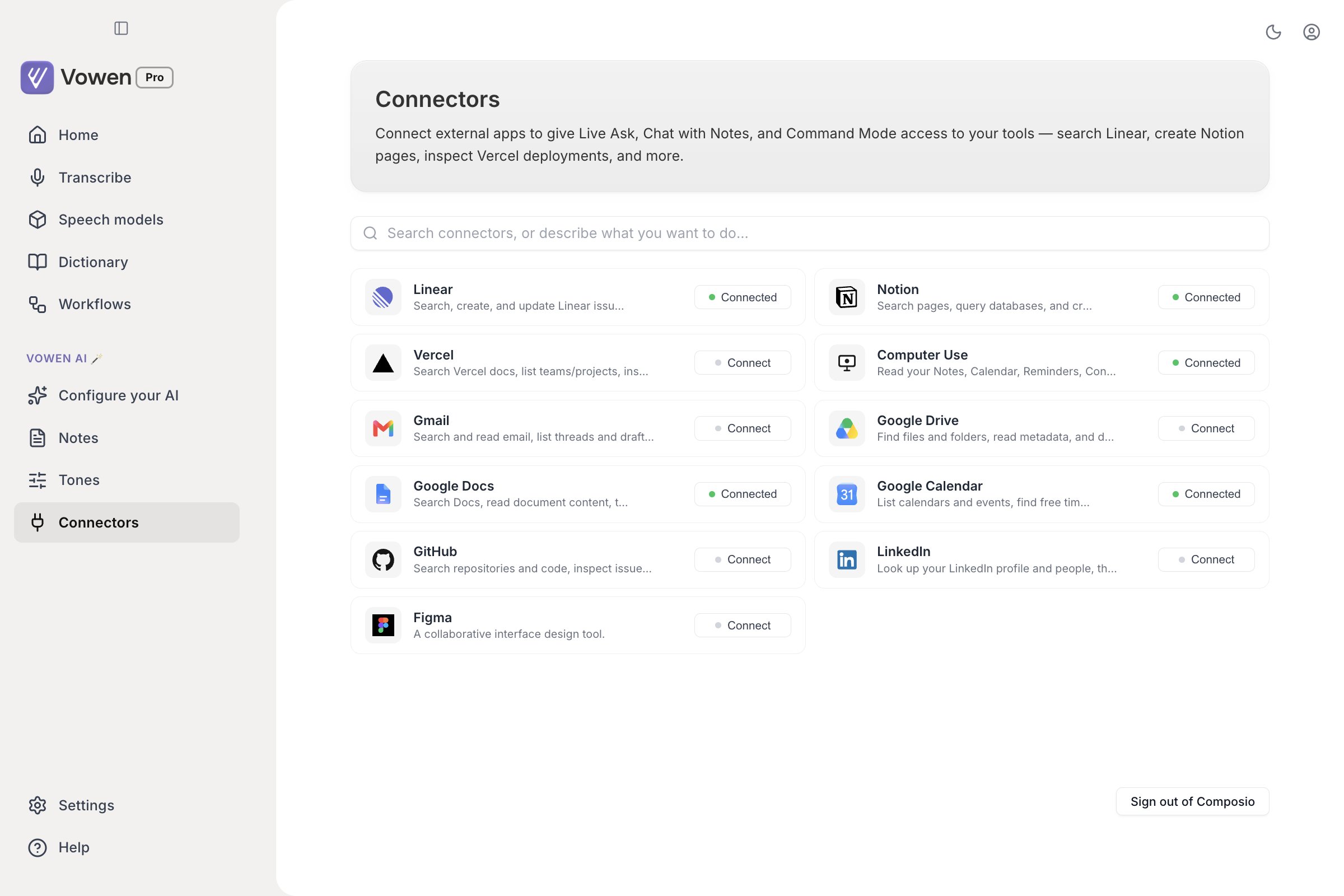 The Connectors page showing cards for Linear, Notion, Vercel, Computer Use, Gmail, Google Drive, Google Docs, Google Calendar, GitHub, LinkedIn and Figma, each with a Connected or Connect chip, and a Sign out of Composio button in the bottom corner