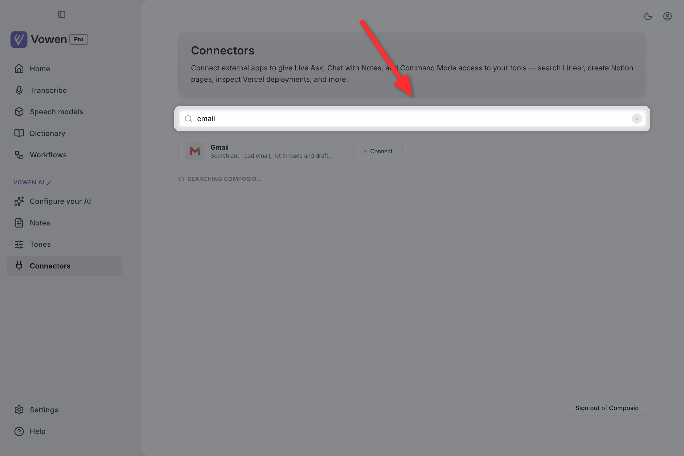 The Connectors search box containing the word email, with the card grid filtered down to a single Gmail card and a Searching Composio label below it