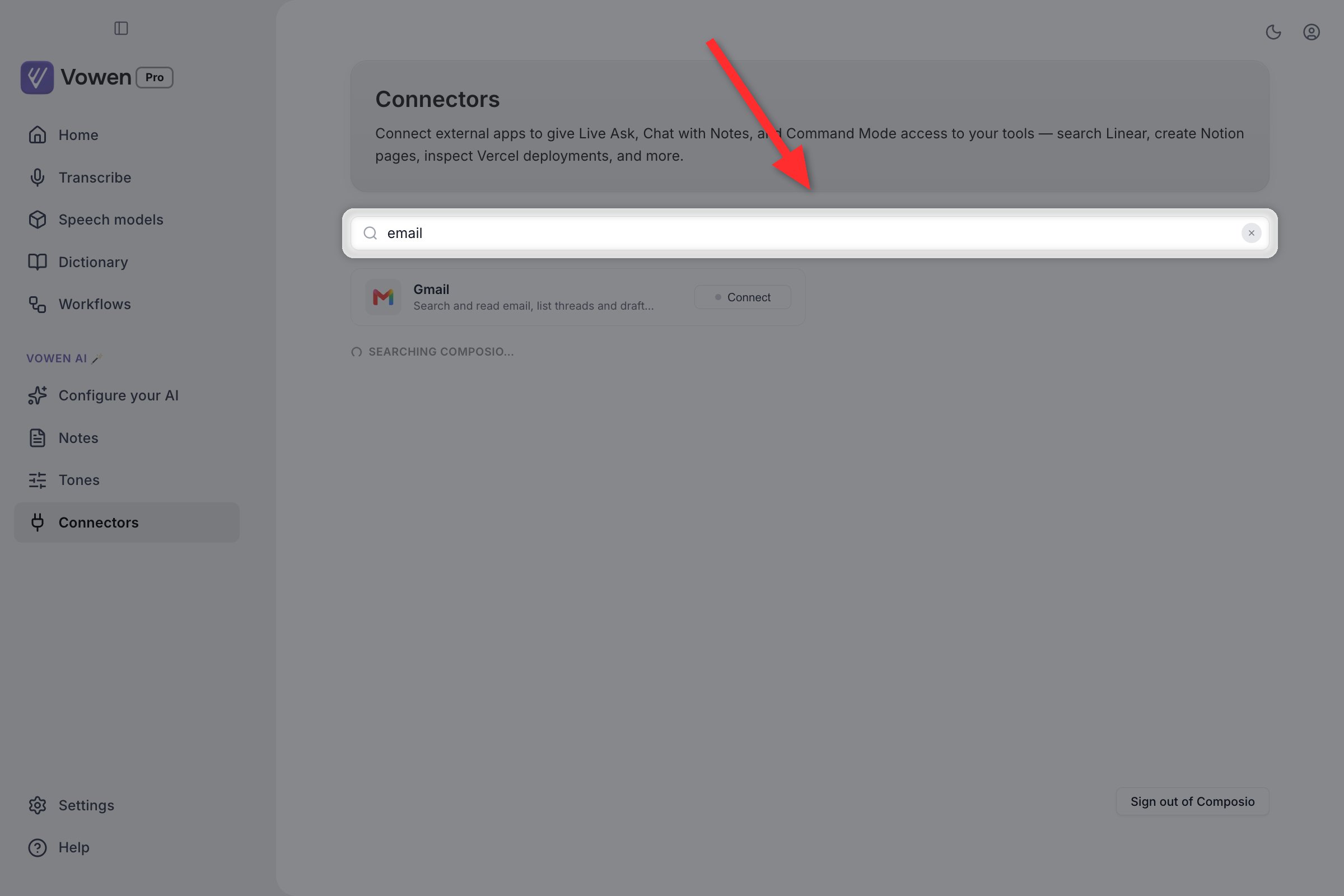 The Connectors search box containing the word email, with the card grid filtered down to a single Gmail card and a Searching Composio label below it