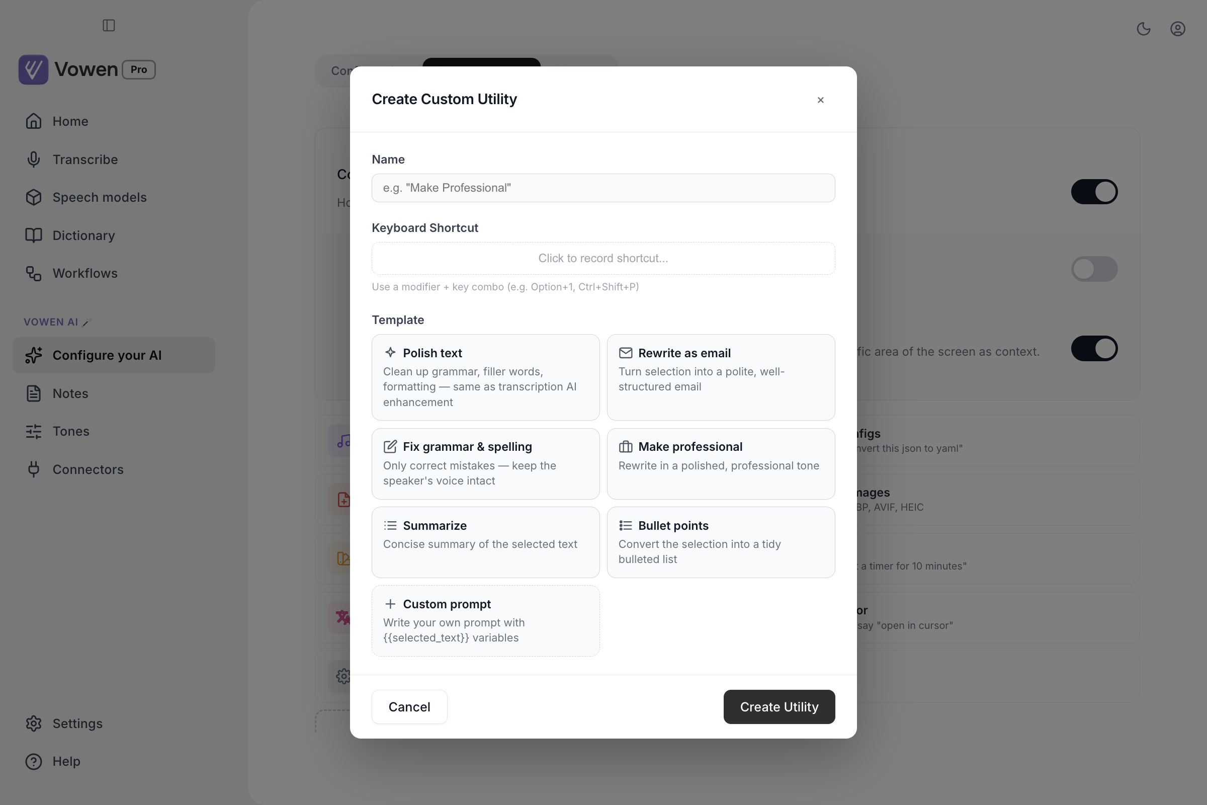The Create Custom Utility dialog with Name and Keyboard Shortcut fields and a gallery of templates including Polish text, Rewrite as email, Summarize and Custom prompt