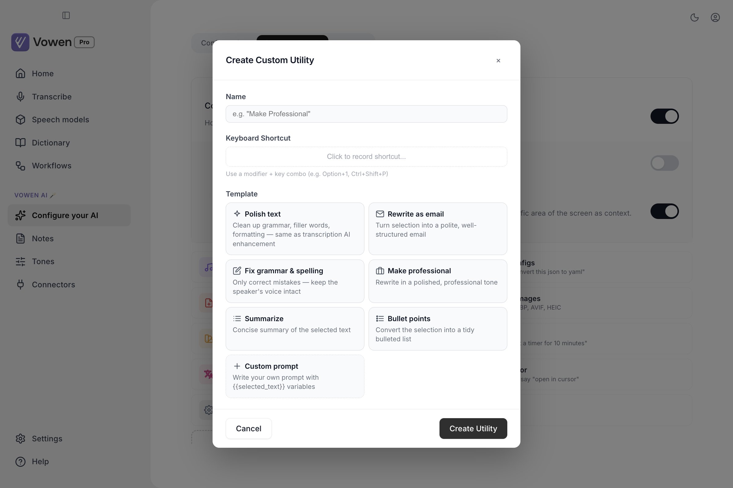 The Create Custom Utility dialog with Name and Keyboard Shortcut fields and a gallery of templates including Polish text, Rewrite as email, Summarize and Custom prompt