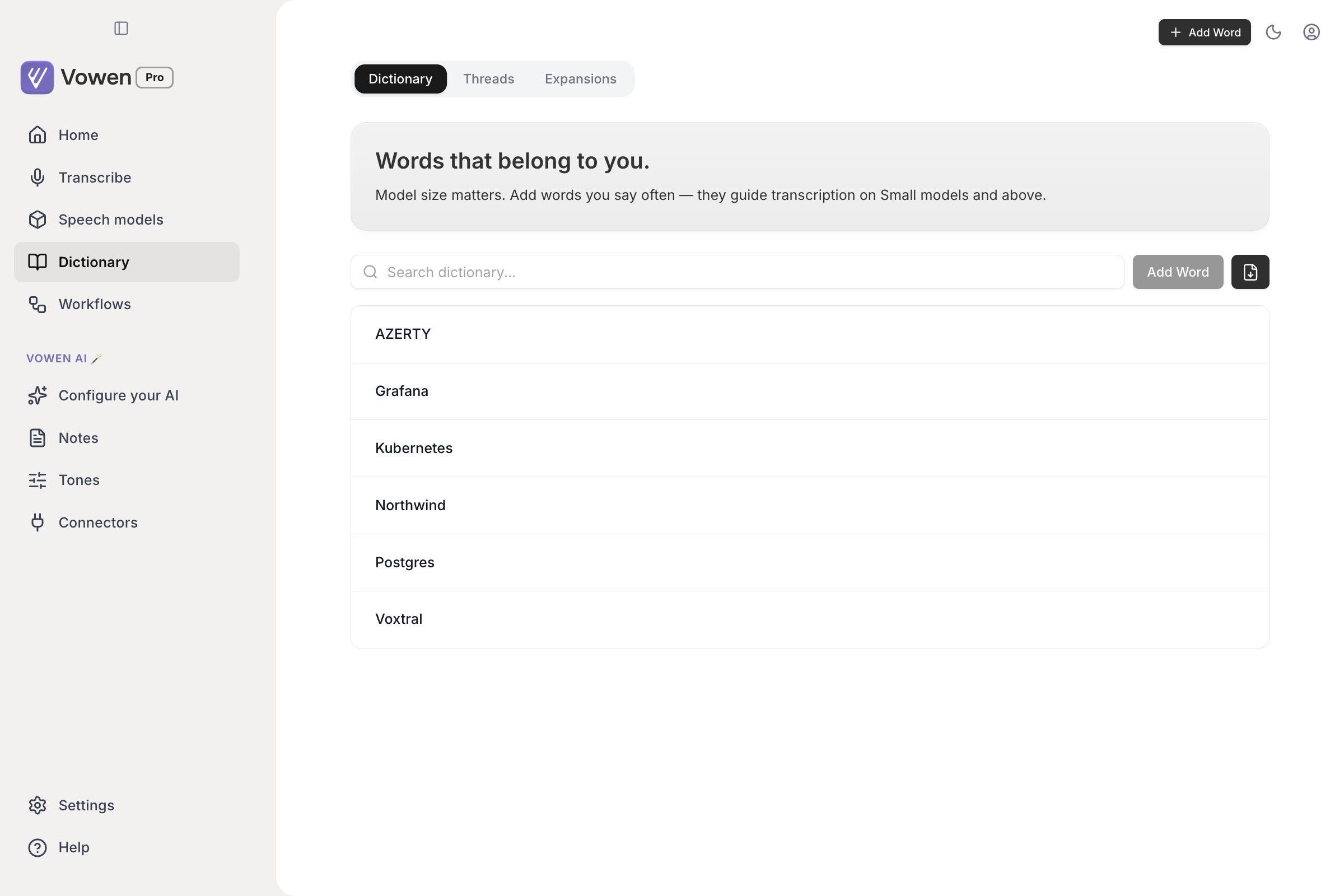 The Dictionary page listing terms such as Kubernetes, Northwind, Postgres and Grafana, with a search box and an Add Word button