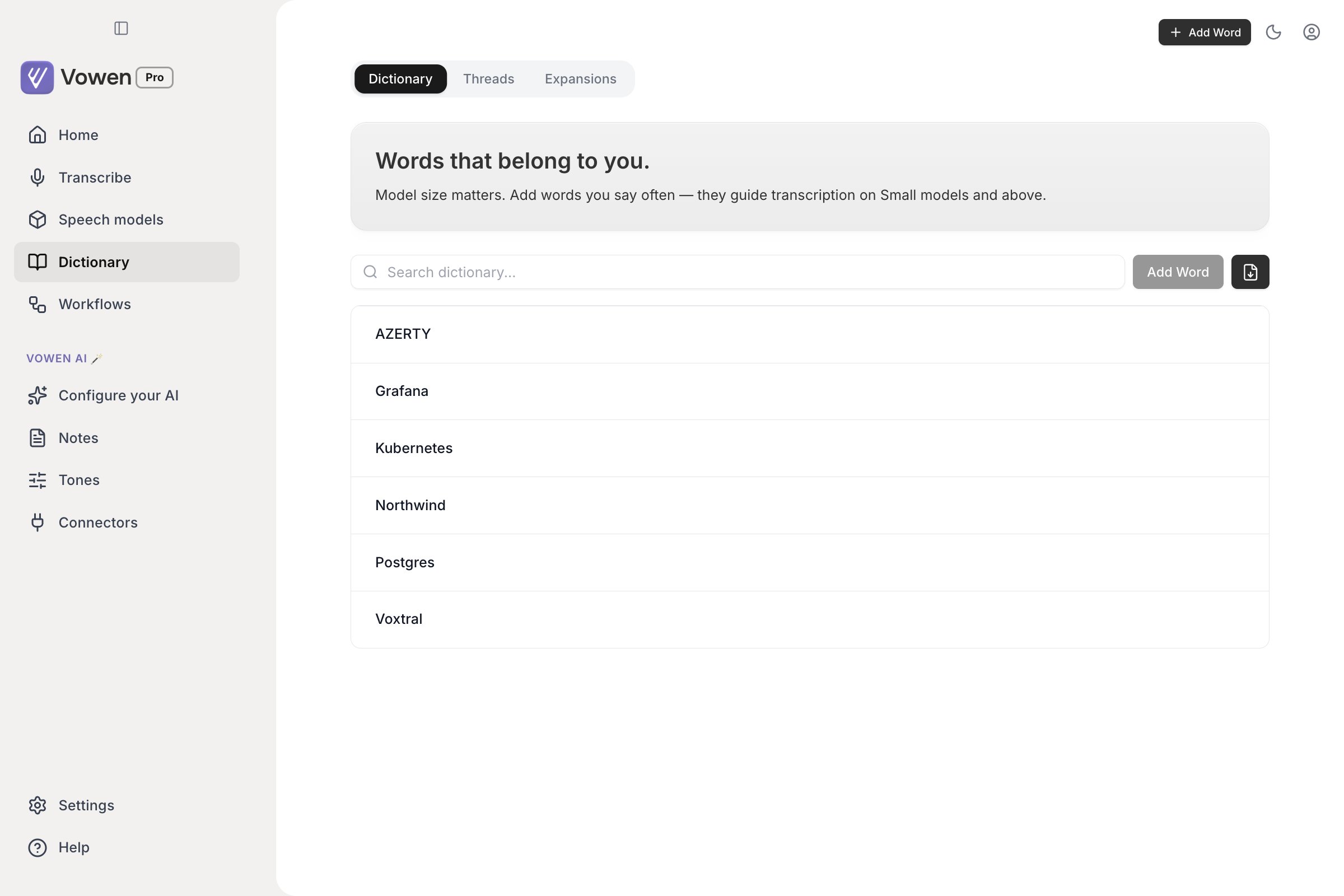 The Dictionary page listing terms such as Kubernetes, Northwind, Postgres and Grafana, with a search box and an Add Word button