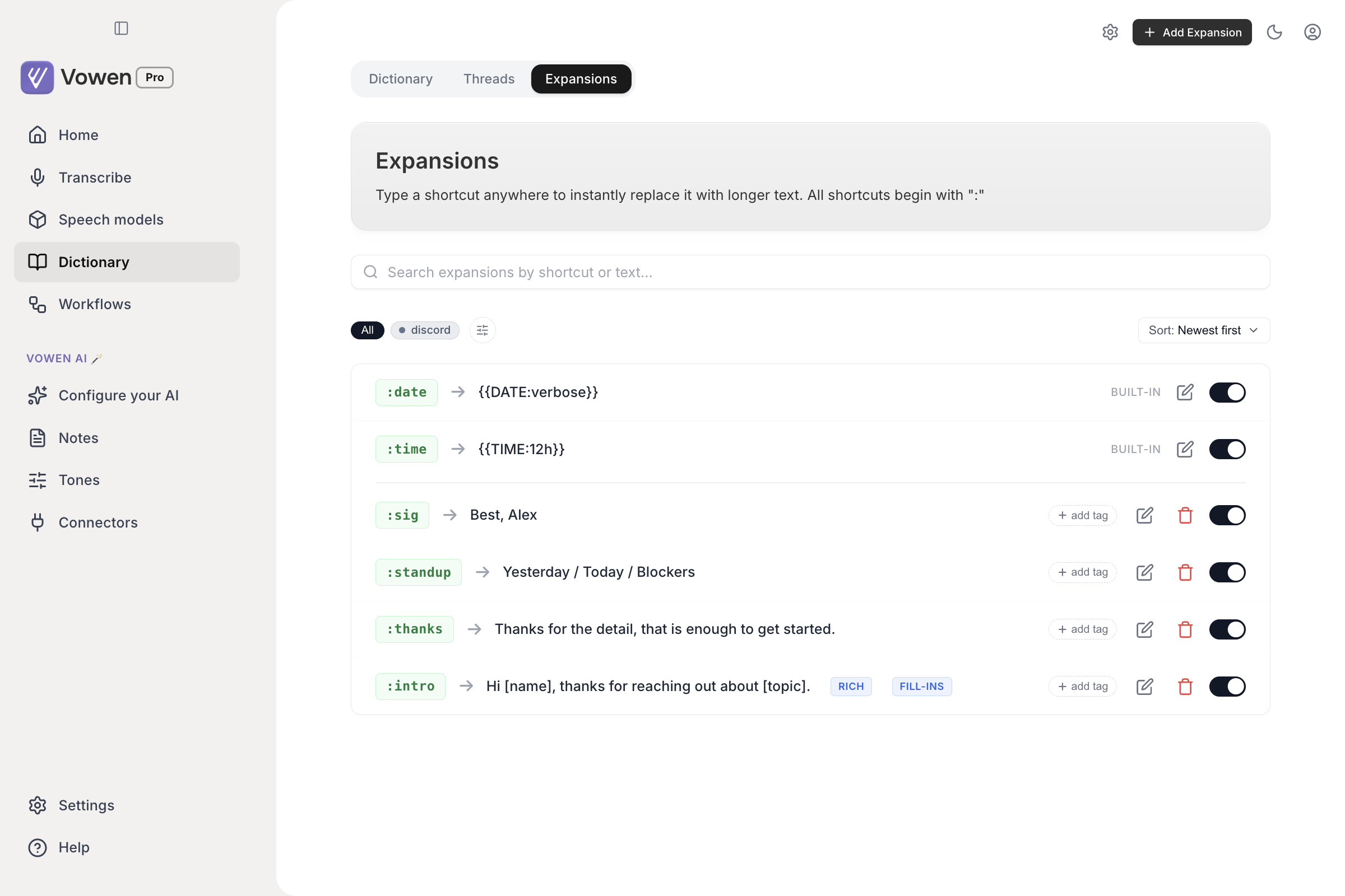 The Expansions tab listing shortcuts such as colon date, colon sig and colon intro, with Built-in, Rich and Fill-ins badges
