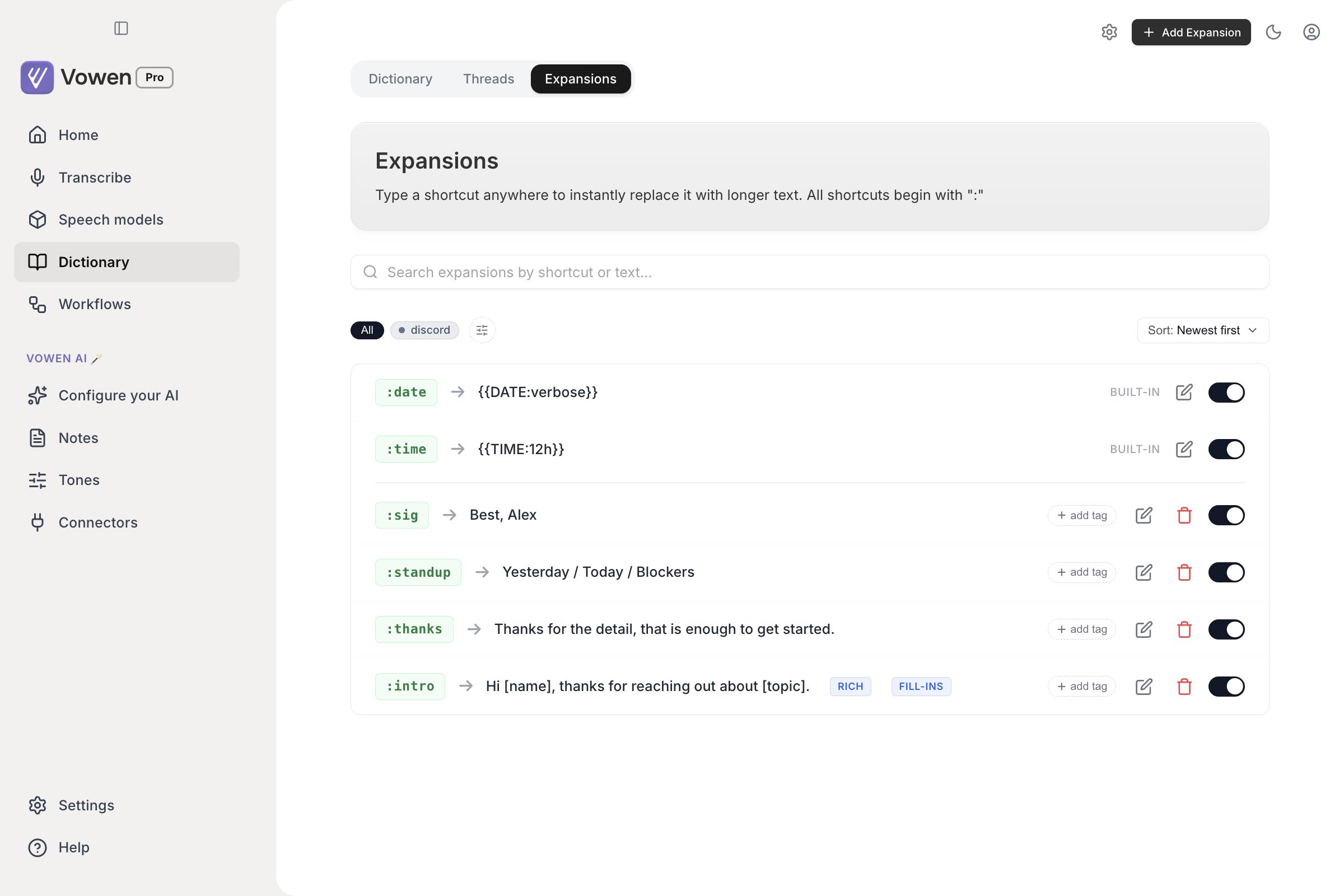 The Expansions tab listing shortcuts such as colon date, colon sig and colon intro, with Built-in, Rich and Fill-ins badges
