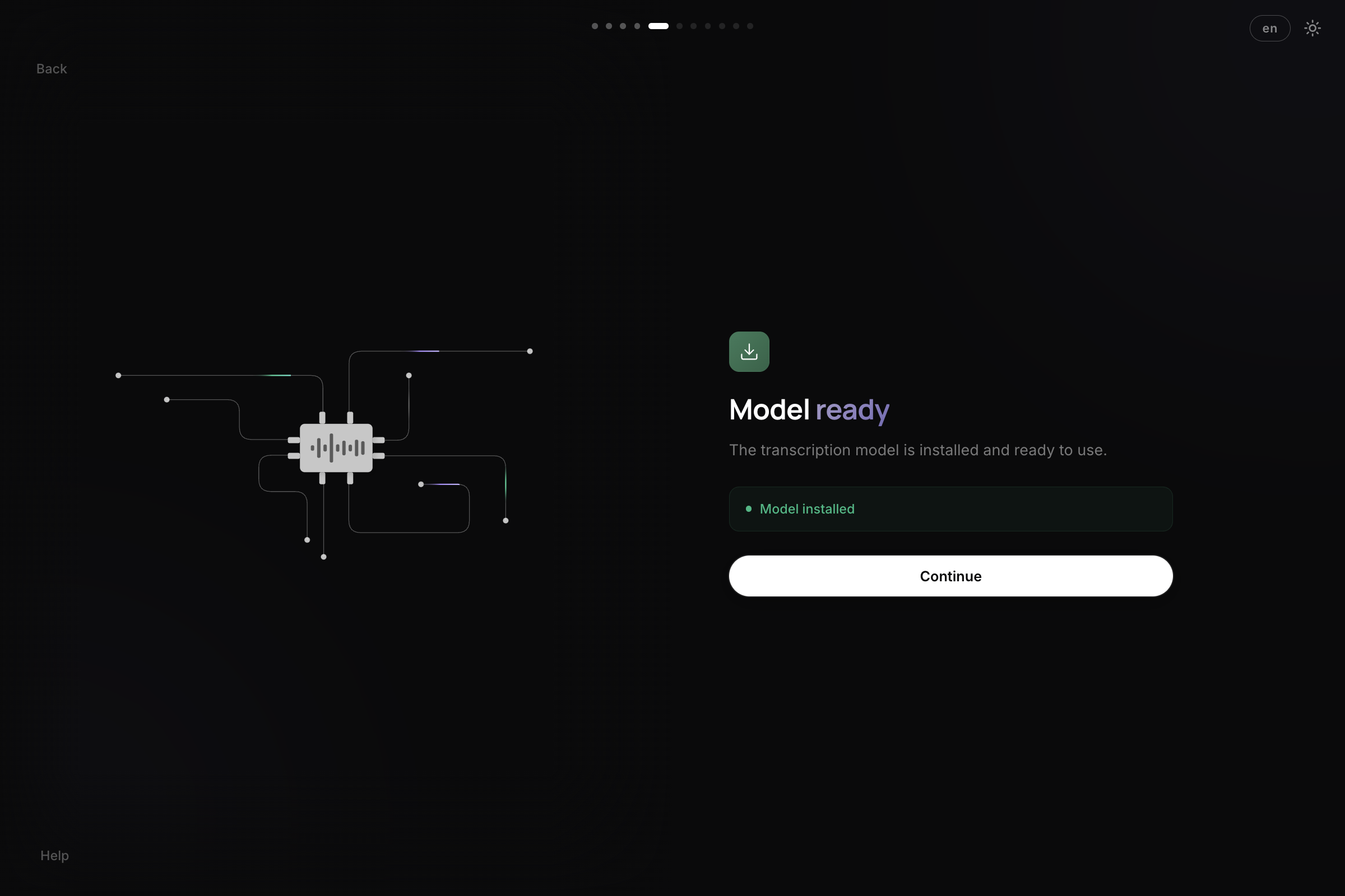 The Vowen onboarding model step showing Model ready, a green Model installed status, and a Continue button