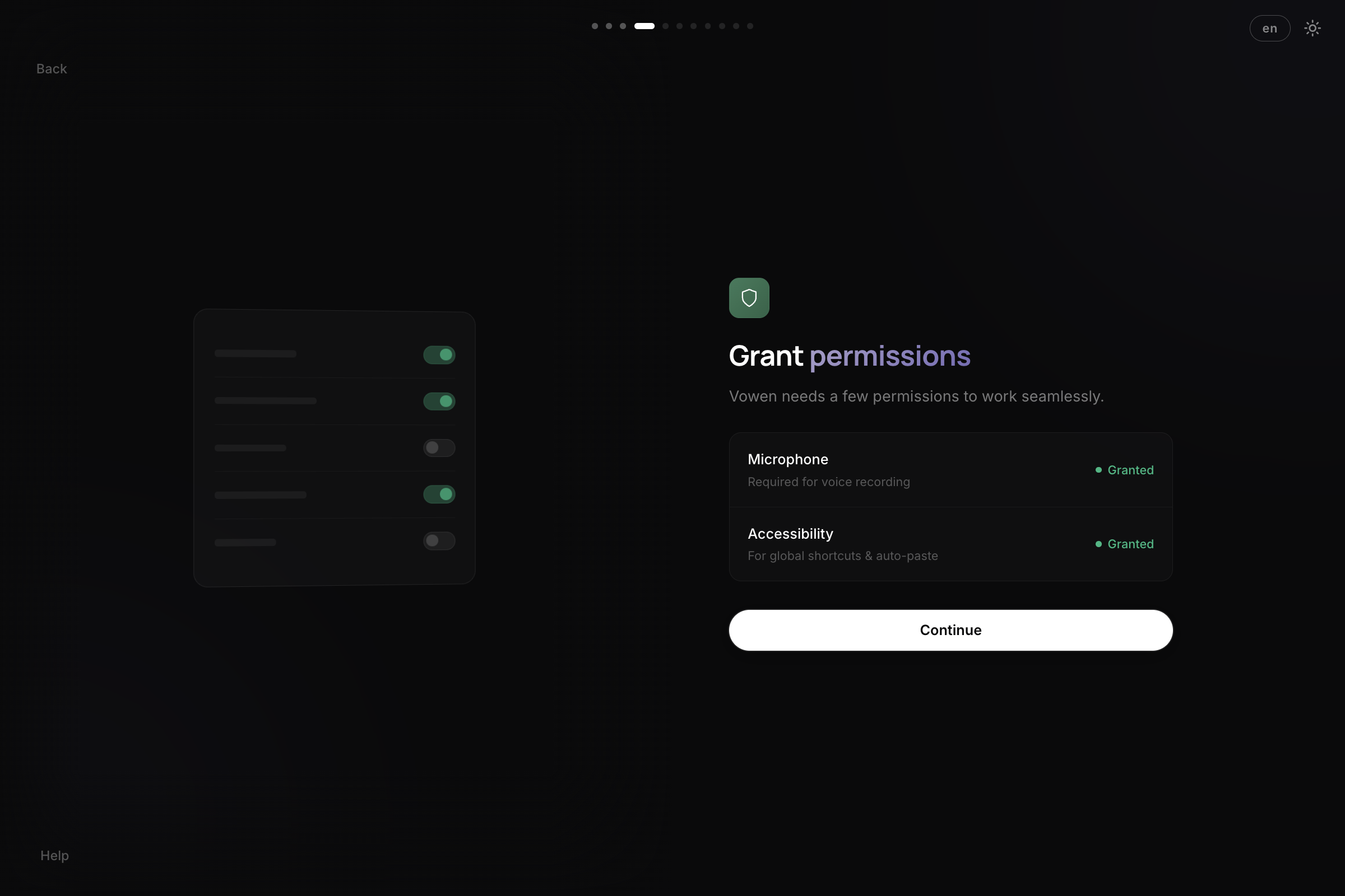 The Vowen onboarding permissions step, listing the permissions Vowen needs with their current status
