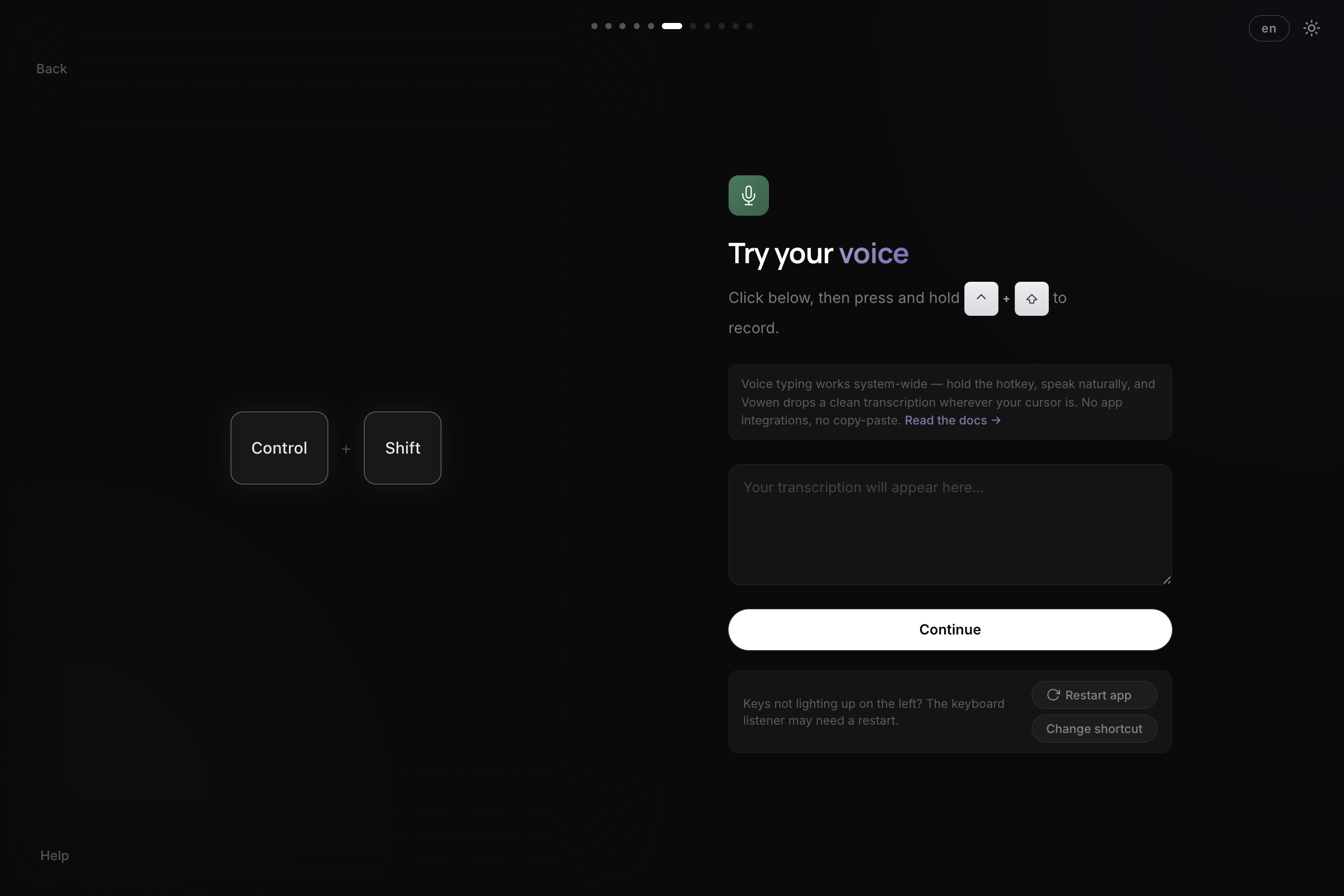 The Vowen onboarding try-it-out step, prompting you to hold the dictation shortcut and speak