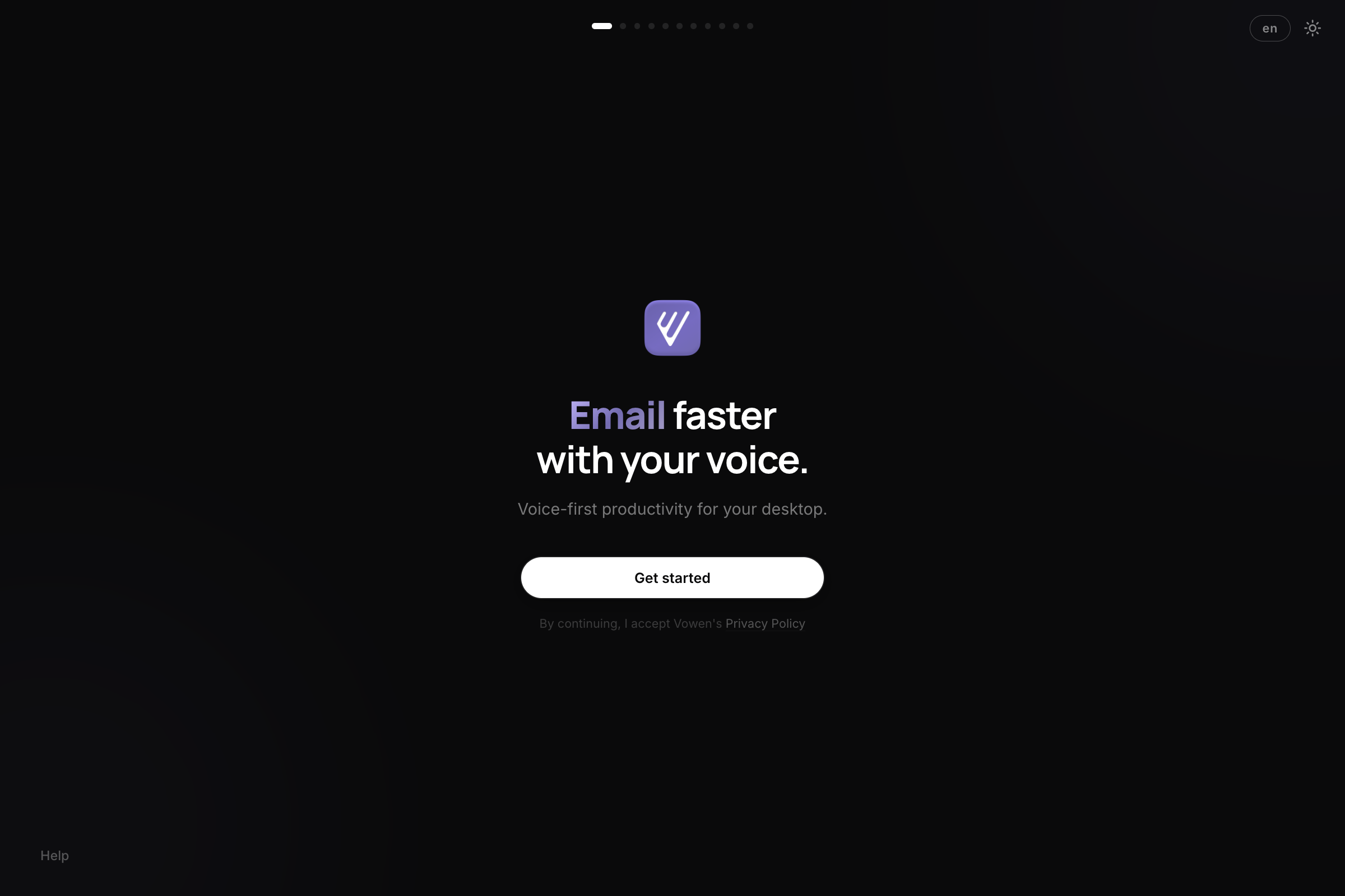 The Vowen onboarding welcome screen, showing the app icon, the headline Email faster with your voice, and a Get started button