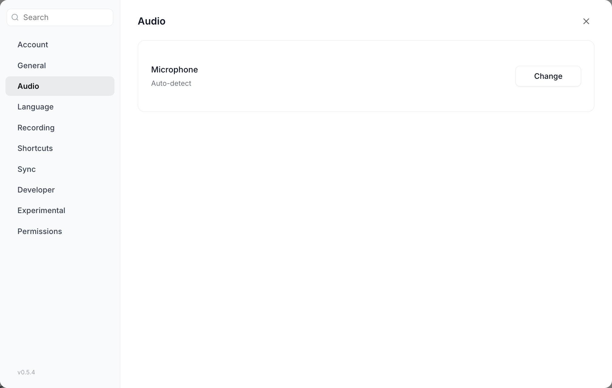 The Audio section of Vowen Settings showing a Microphone row set to Auto-detect with a Change button