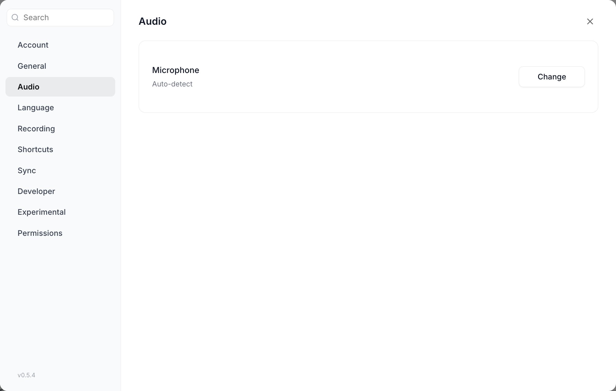 The Audio section of Vowen Settings showing a Microphone row set to Auto-detect with a Change button