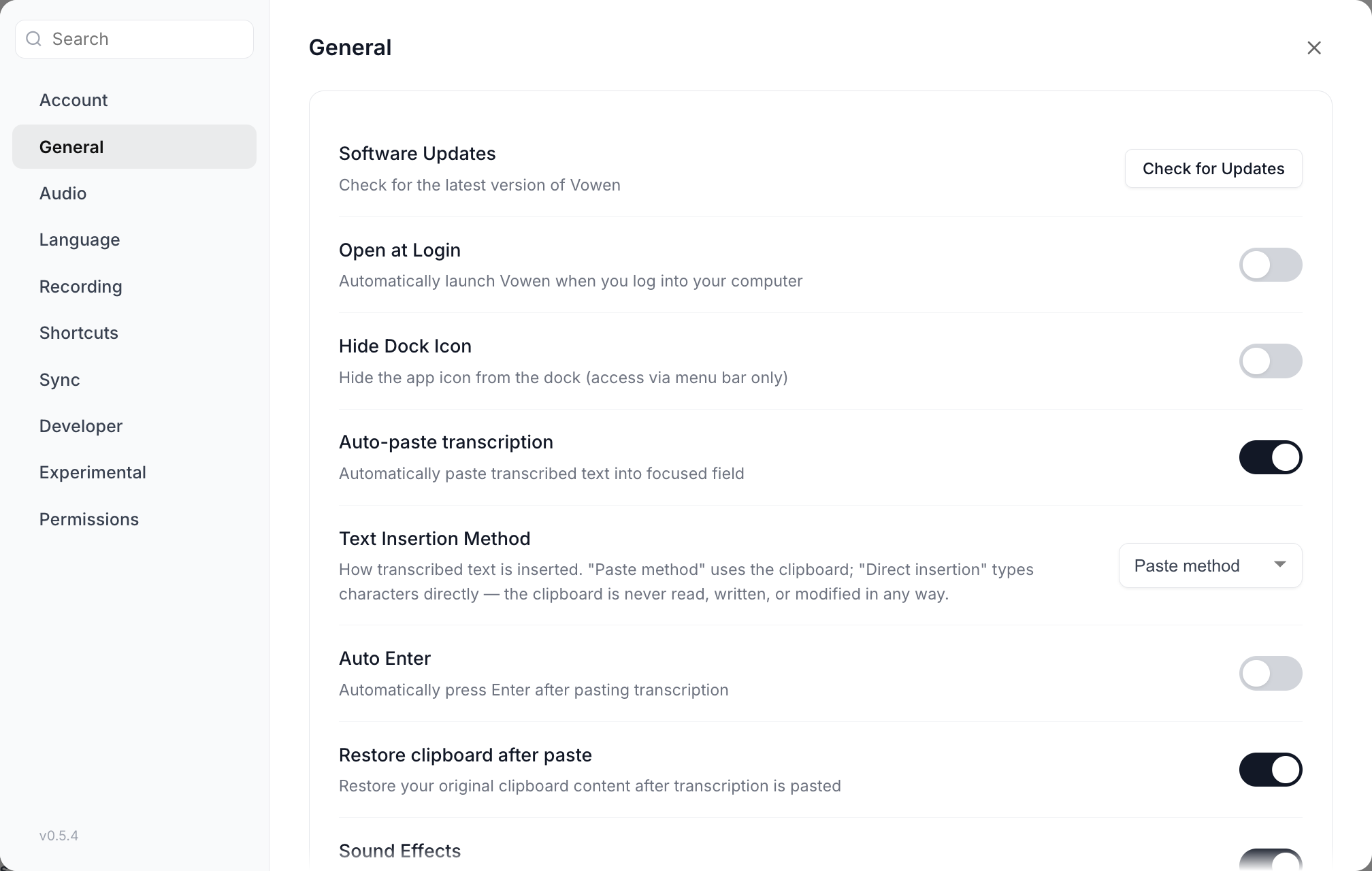 The General section of Vowen Settings showing software updates, open at login, auto-paste, text insertion method and clipboard rows