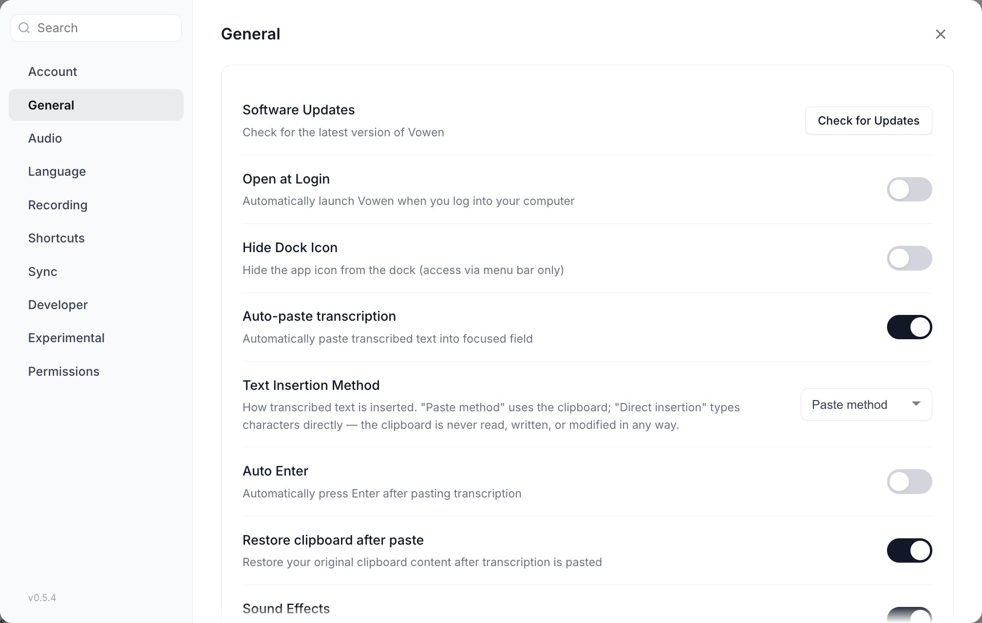 The General section of Vowen Settings showing software updates, open at login, auto-paste, text insertion method and clipboard rows