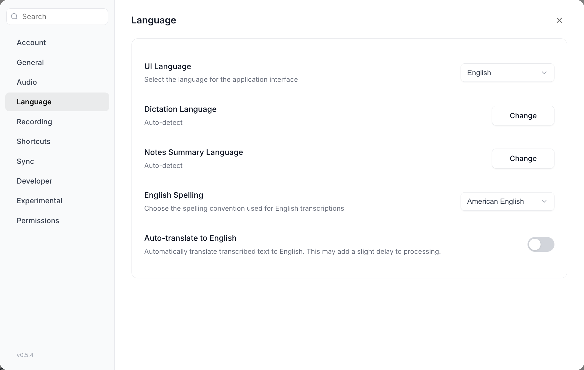 The Language section of Vowen Settings showing interface language, dictation language and English spelling