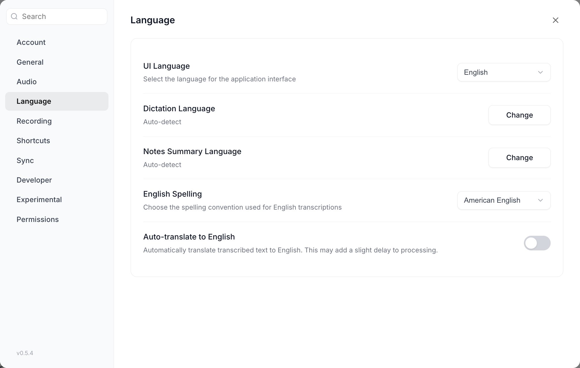The Language section of Vowen Settings showing interface language, dictation language and English spelling