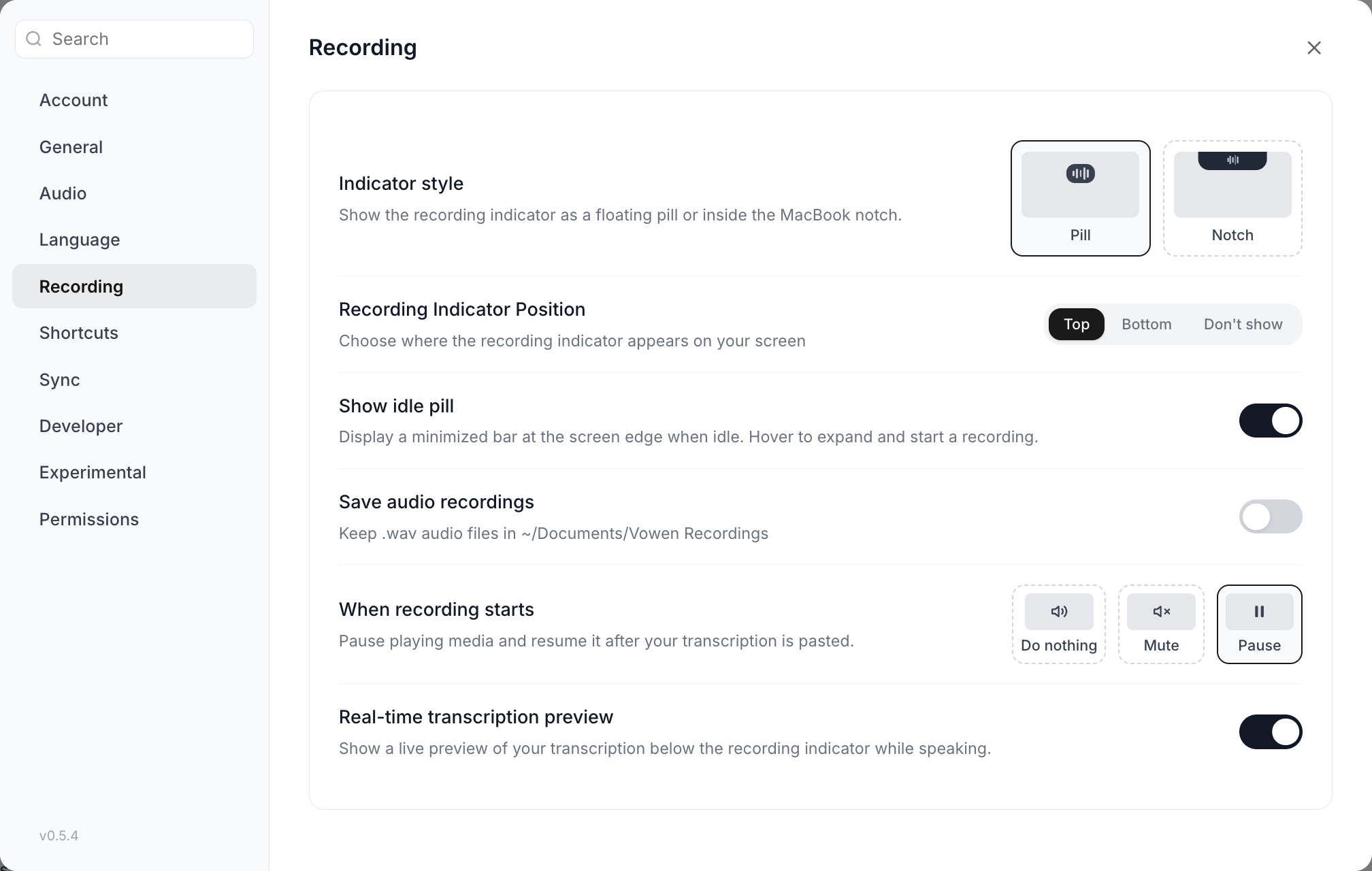 The Recording section of Vowen Settings showing indicator style and position, and the when-recording-starts cards