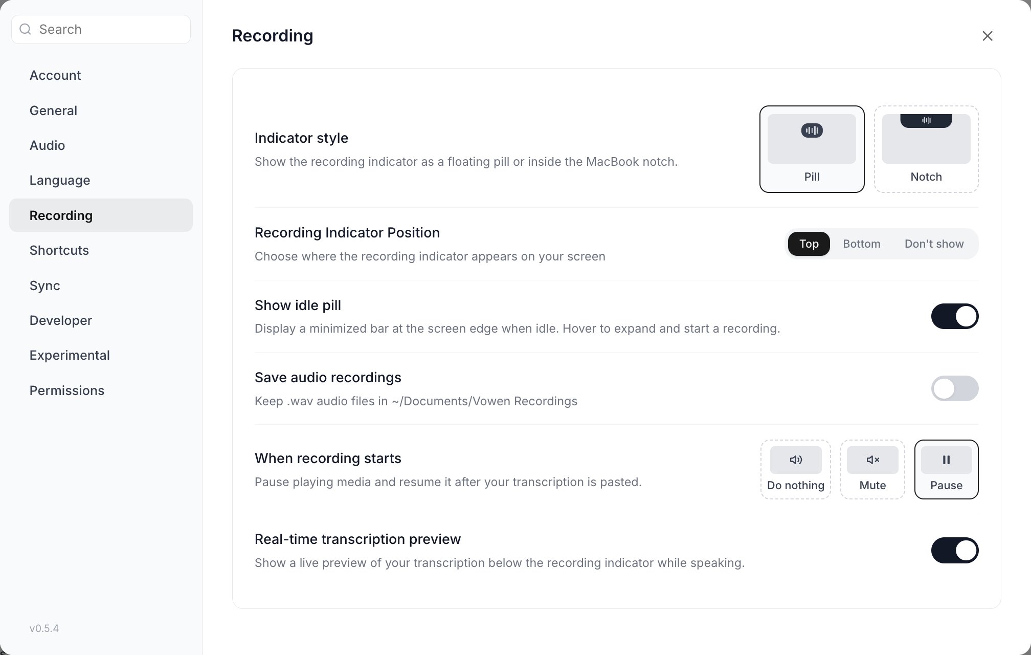 The Recording section of Vowen Settings showing indicator style and position, and the when-recording-starts cards
