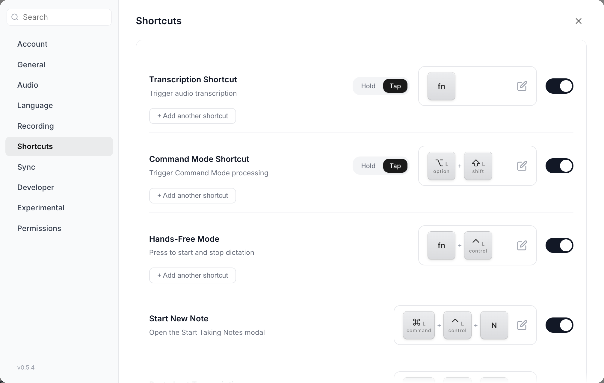 The Shortcuts section of Vowen Settings listing each rebindable action with its key display box
