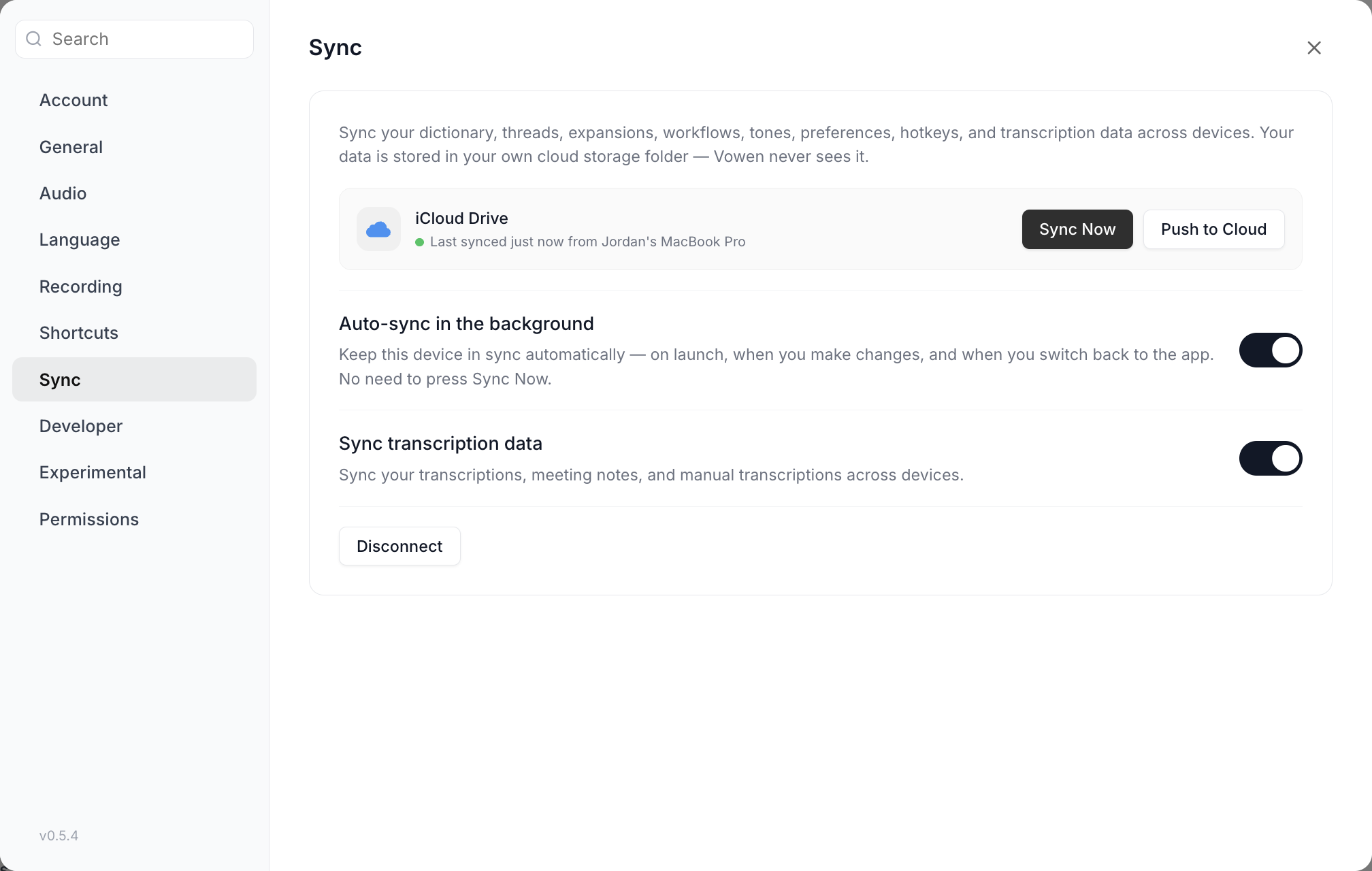 The Sync section of Vowen Settings showing the cloud provider options and sync status