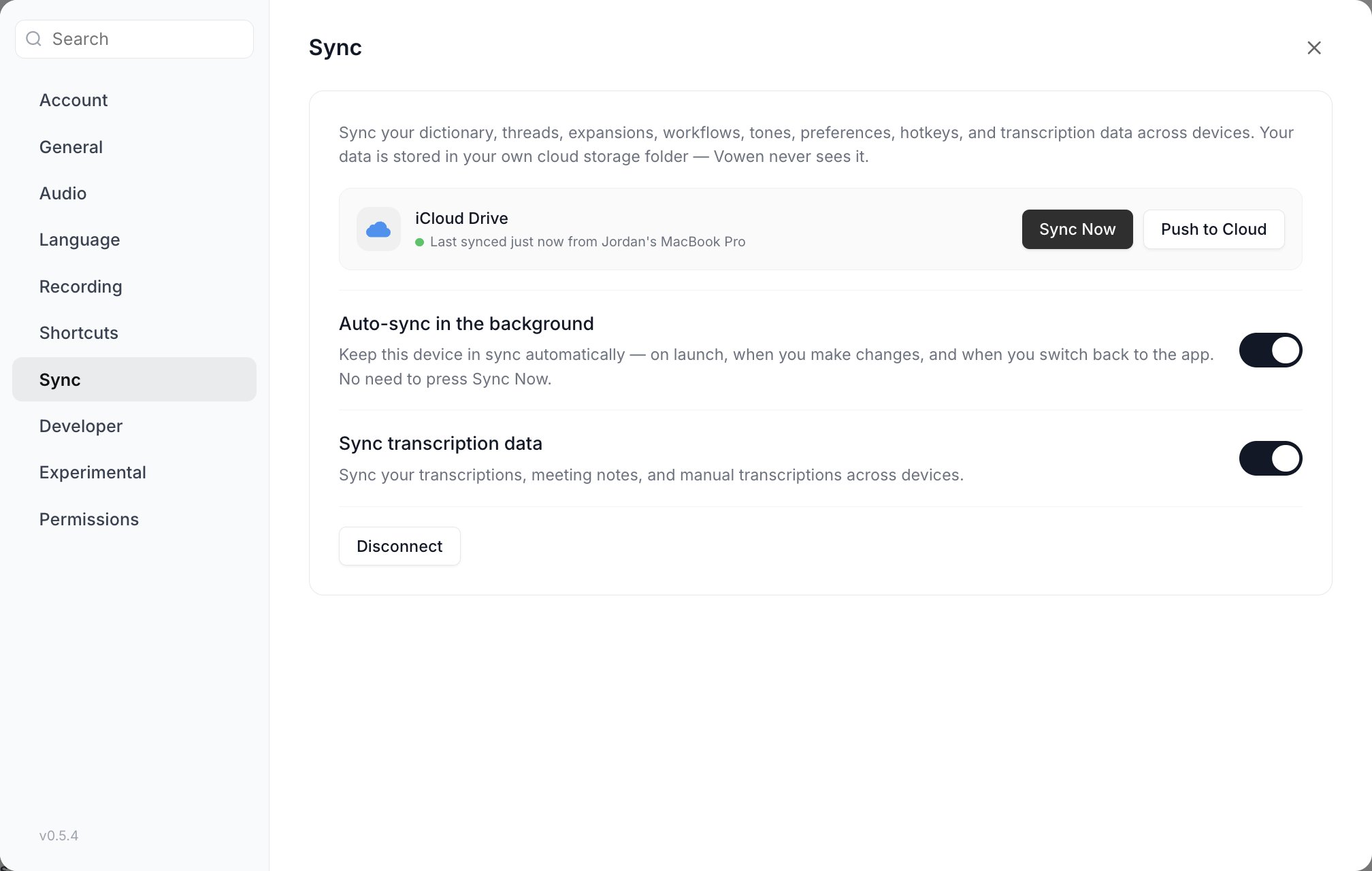 The Sync section of Vowen Settings showing the cloud provider options and sync status
