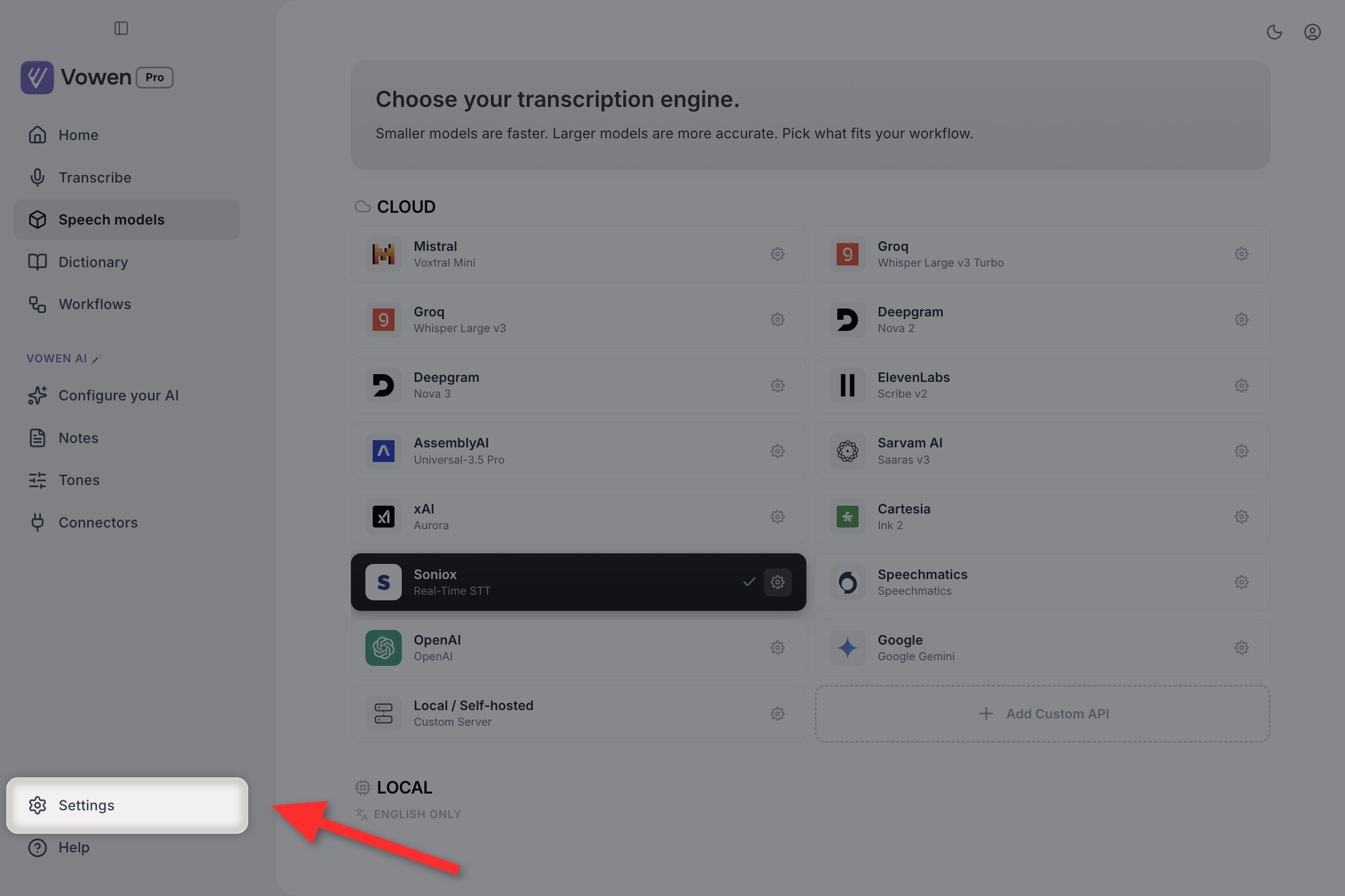 The Vowen main window with the Settings row in the sidebar footer highlighted, below Help