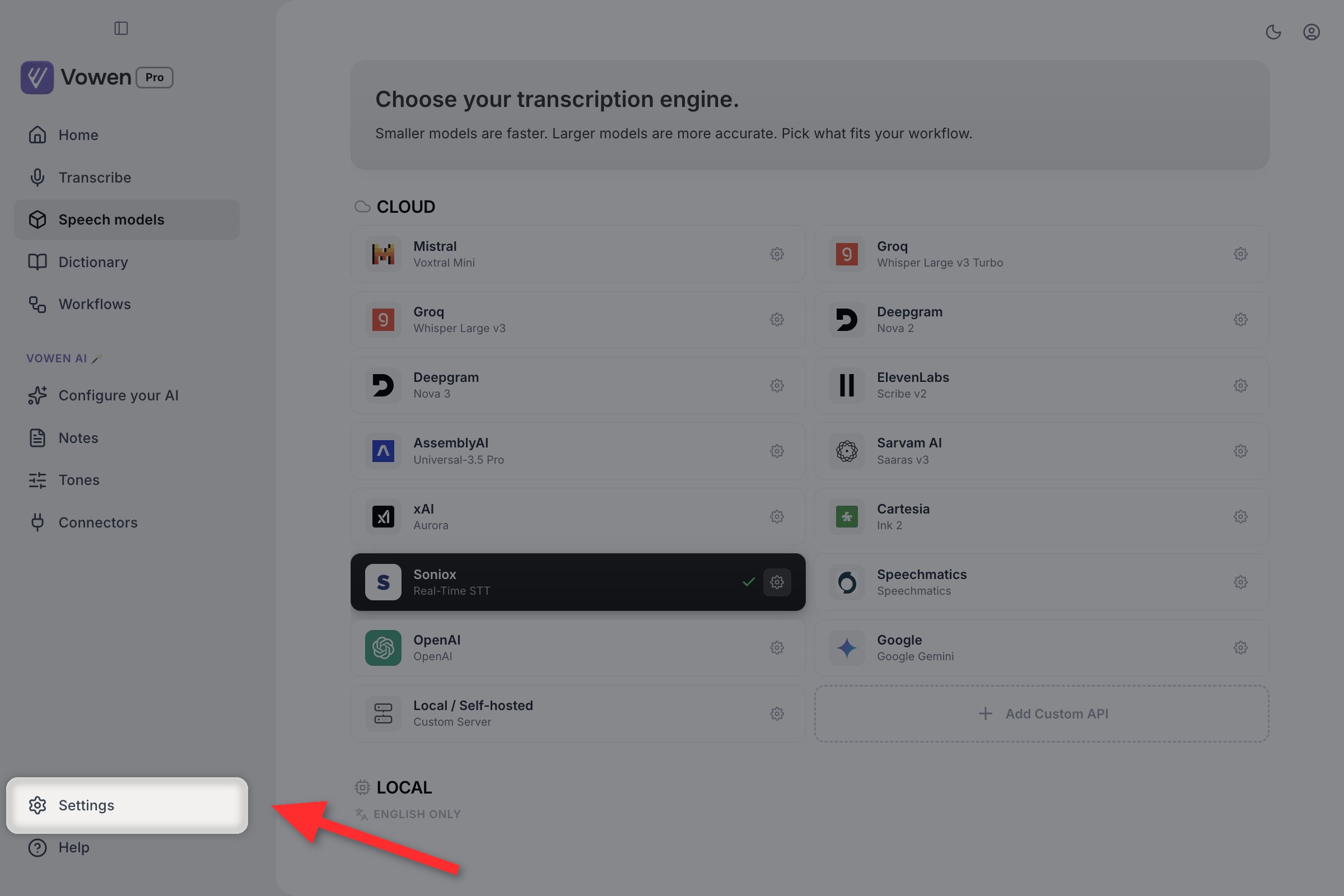 The Vowen main window with the Settings row in the sidebar footer highlighted, below Help
