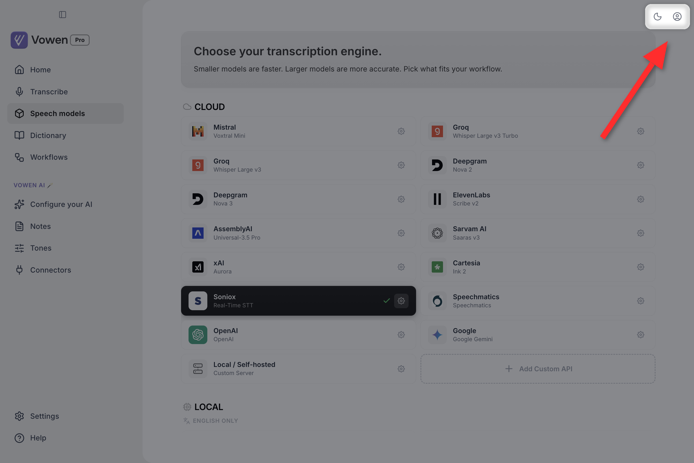 The Vowen main window with the top-right toolbar highlighted, showing the active speech and AI provider chips, a moon icon for the theme toggle, and an account button
