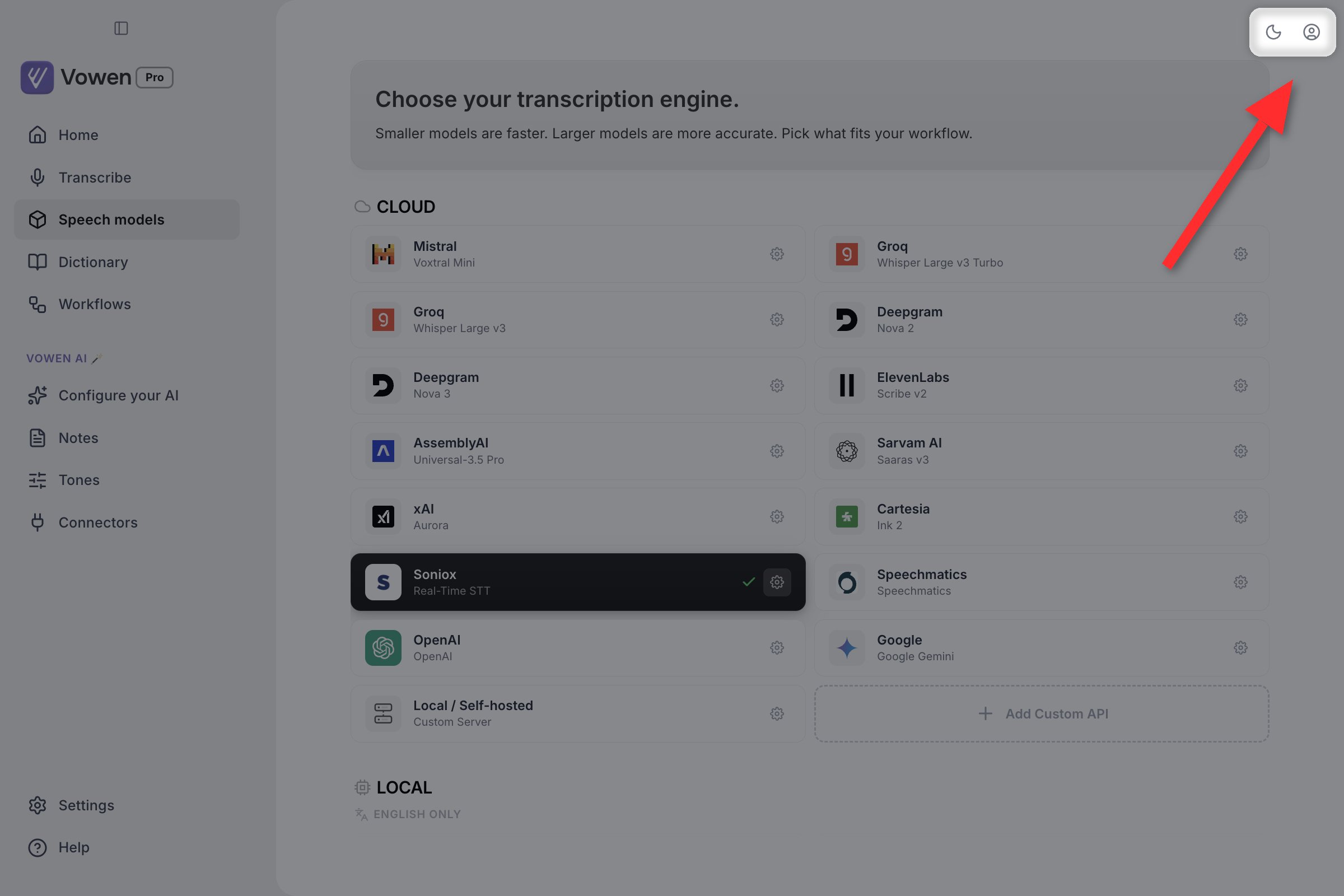 The Vowen main window with the top-right toolbar highlighted, showing the active speech and AI provider chips, a moon icon for the theme toggle, and an account button