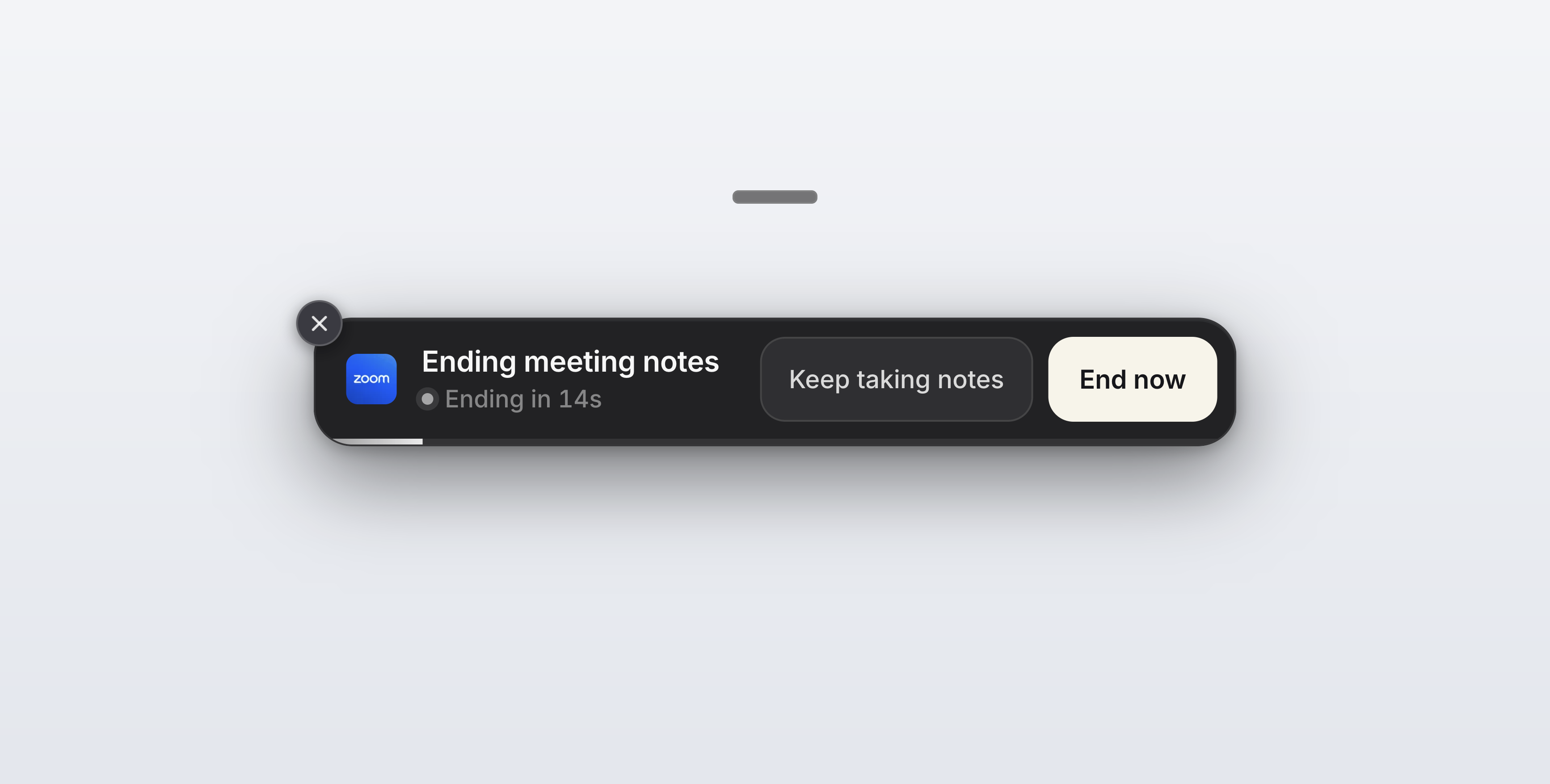 An Ending meeting notes banner reading Ending in 14s, with Keep taking notes and End now buttons